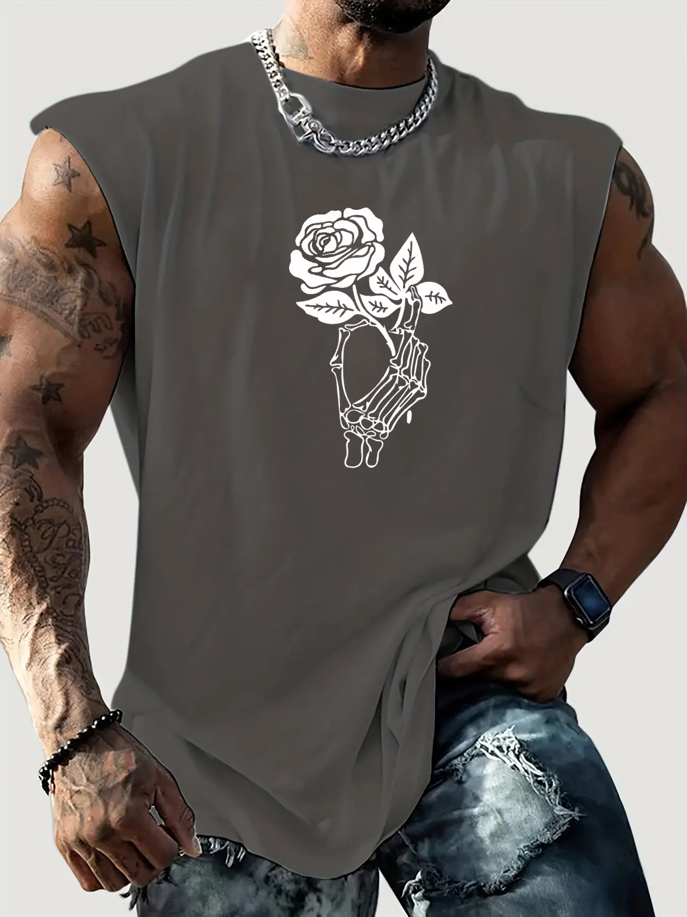 Men's summer casual sports loose skeleton hand rose pattern print comfortable and breathable round neck sleeveless vest