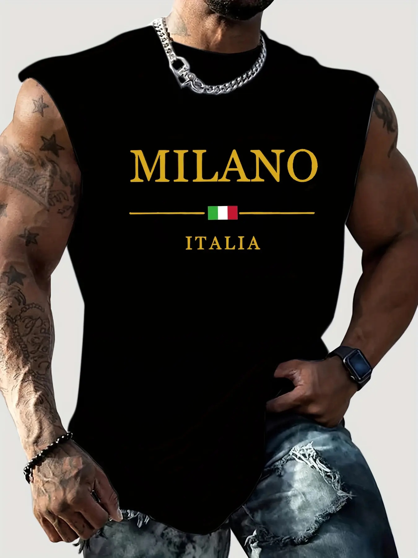 Men's summer casual sports loose fit MILANO ITALIA pattern printed comfortable and breathable round neck sleeveless vest