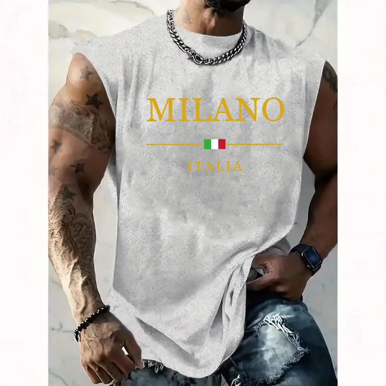 Men's summer casual sports loose fit MILANO ITALIA pattern printed comfortable and breathable round neck sleeveless vest