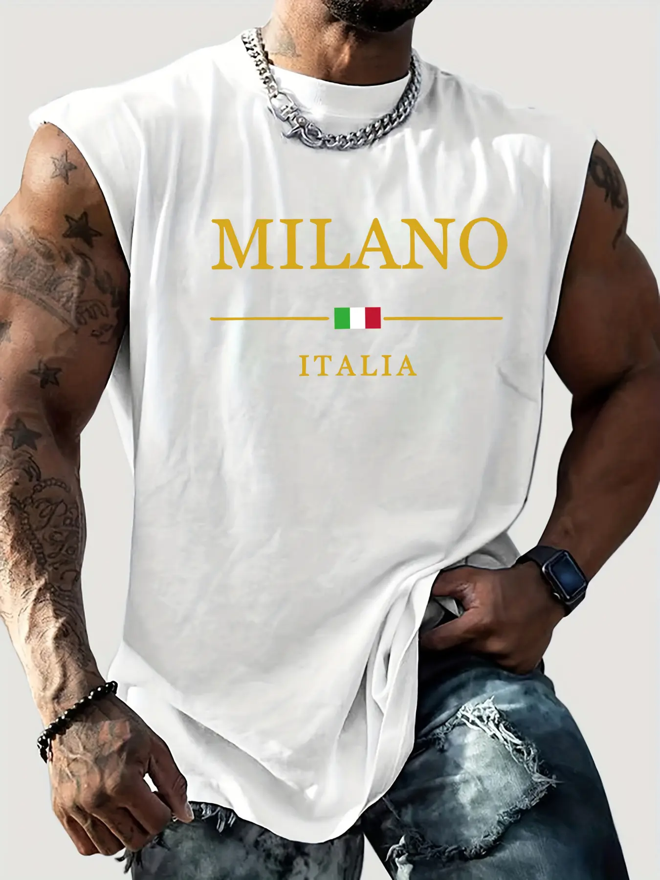 Men's summer casual sports loose fit MILANO ITALIA pattern printed comfortable and breathable round neck sleeveless vest