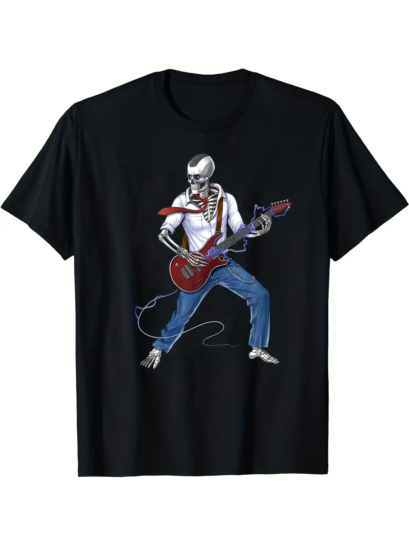 Men's Summer 100% Cotton Fashionable Casual Loose Happy Skull Guitar Pattern Printed Round Neck Short Sleeve T-shirt Top