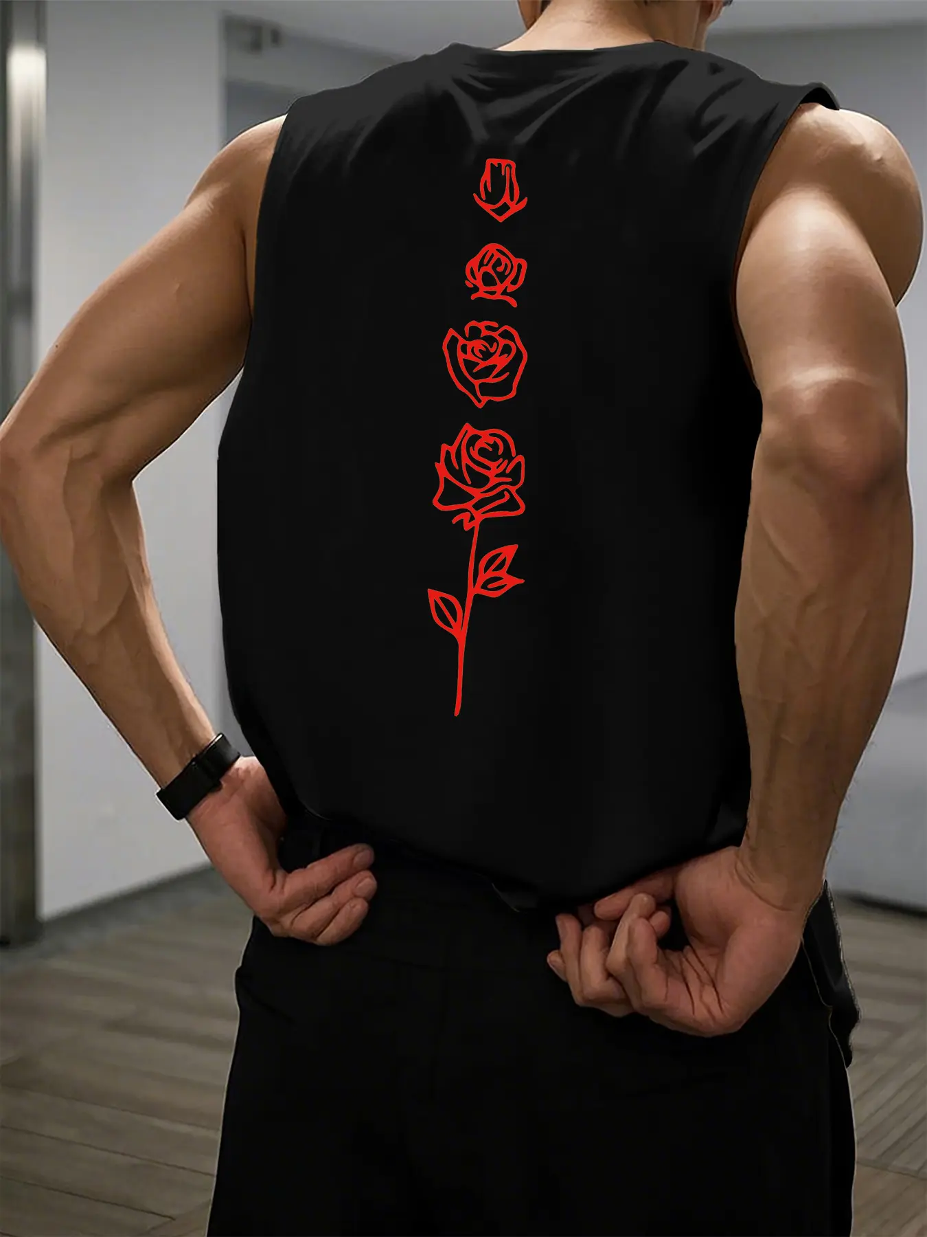 Men's Summer Leisure Sports Fitness Loose Rose Pattern Printed Comfortable and Breathable Round Neck Sleeveless Tank Top