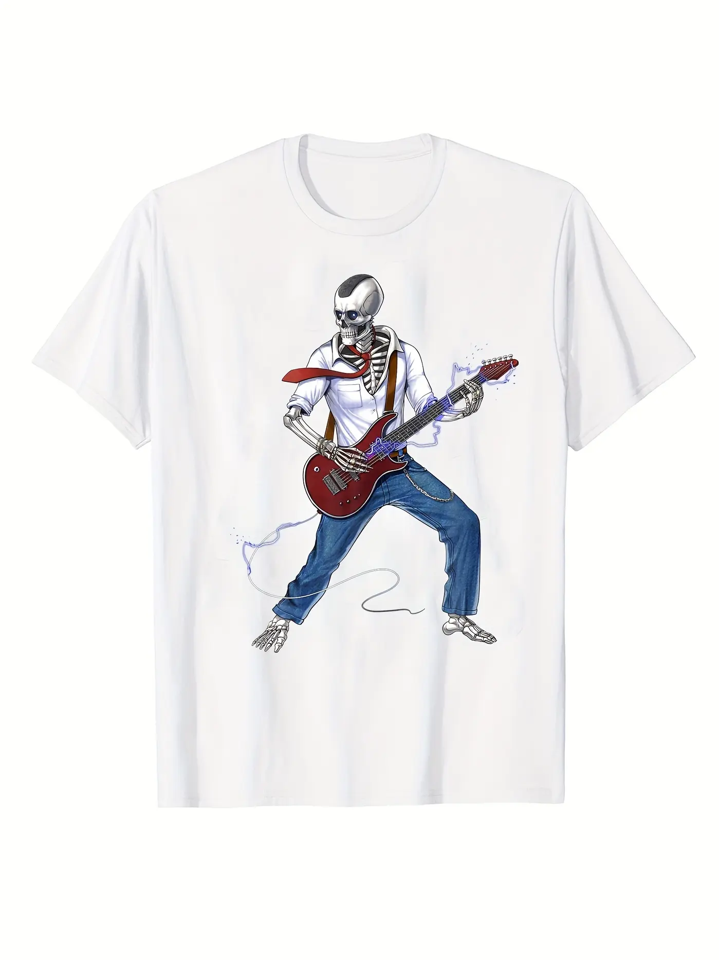 Men's Summer 100% Cotton Fashionable Casual Loose Happy Skull Guitar Pattern Printed Round Neck Short Sleeve T-shirt Top