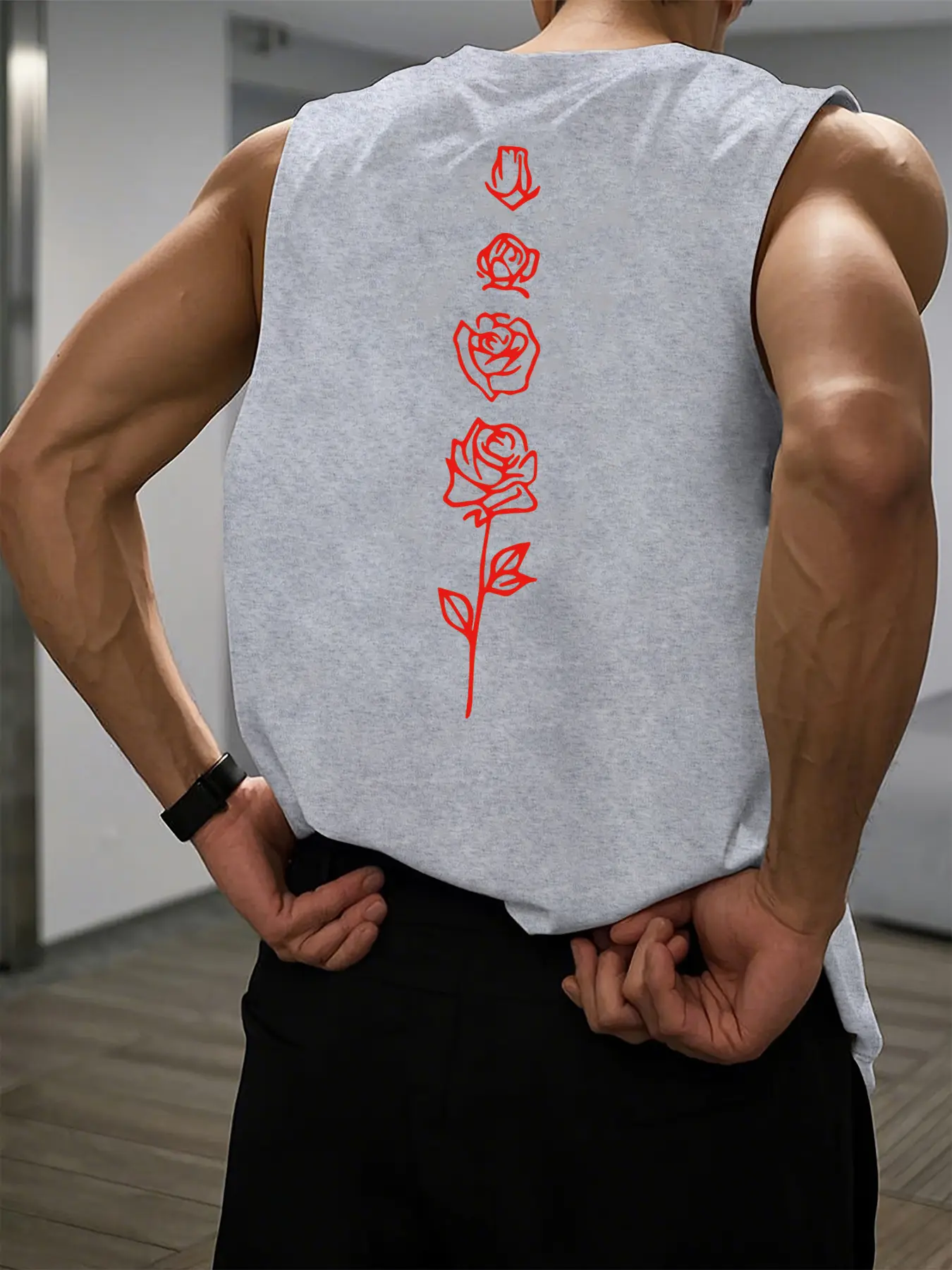 Men's Summer Leisure Sports Fitness Loose Rose Pattern Printed Comfortable and Breathable Round Neck Sleeveless Tank Top