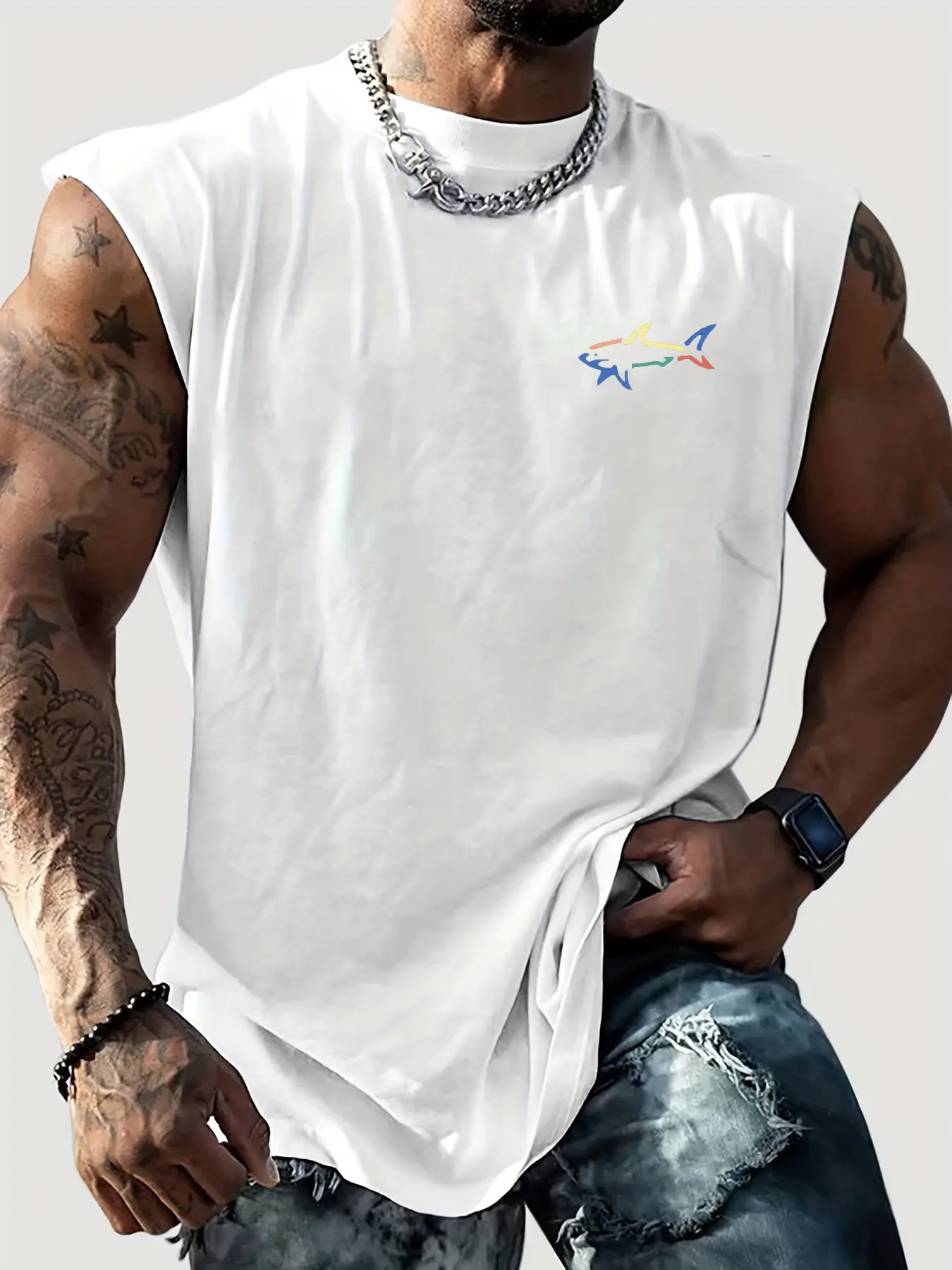 Men's Summer Leisure Sports Fitness Loose Shark Pattern Printed Comfortable and Breathable Round Neck Sleeveless Tank Top