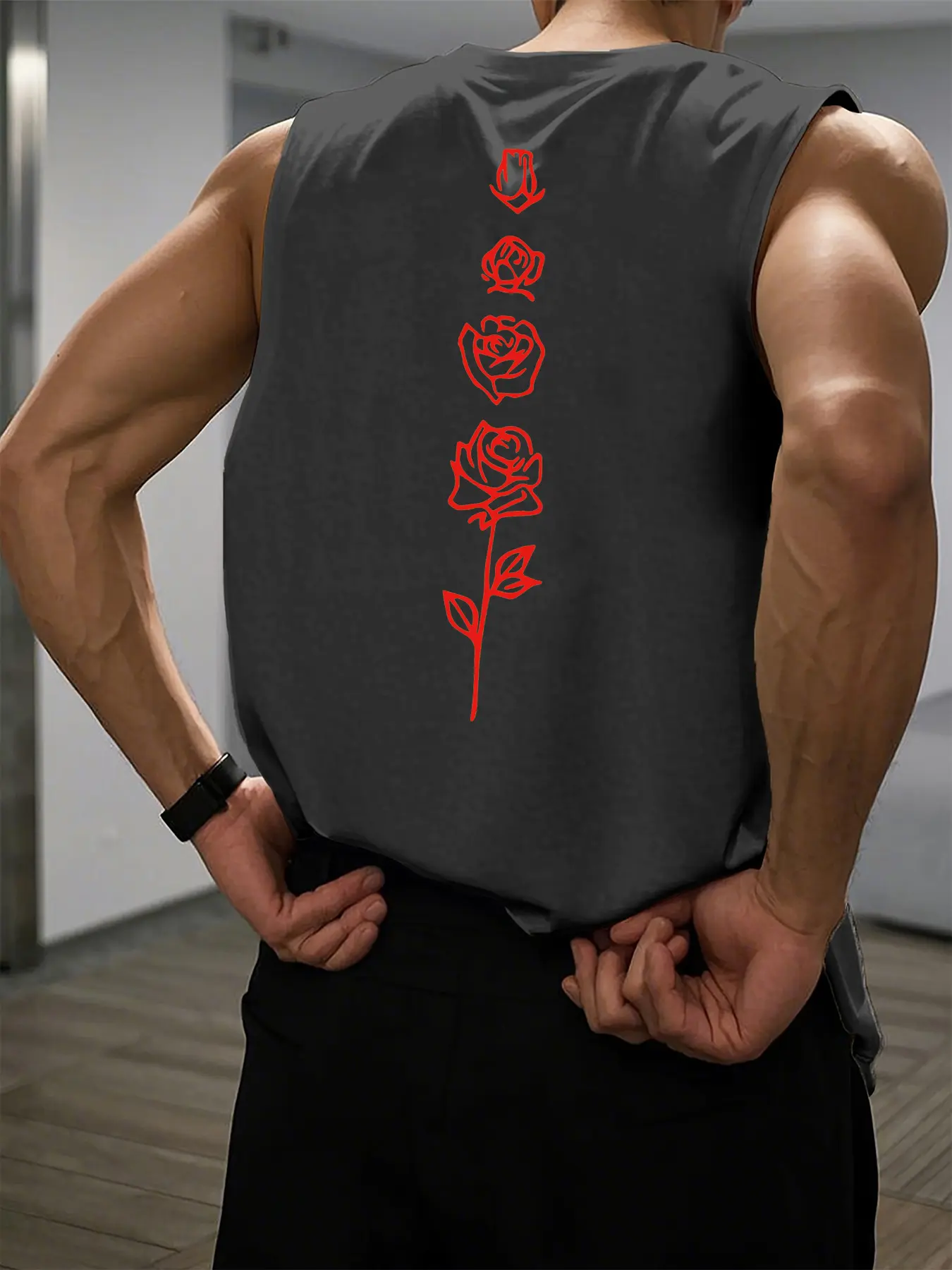 Men's Summer Leisure Sports Fitness Loose Rose Pattern Printed Comfortable and Breathable Round Neck Sleeveless Tank Top