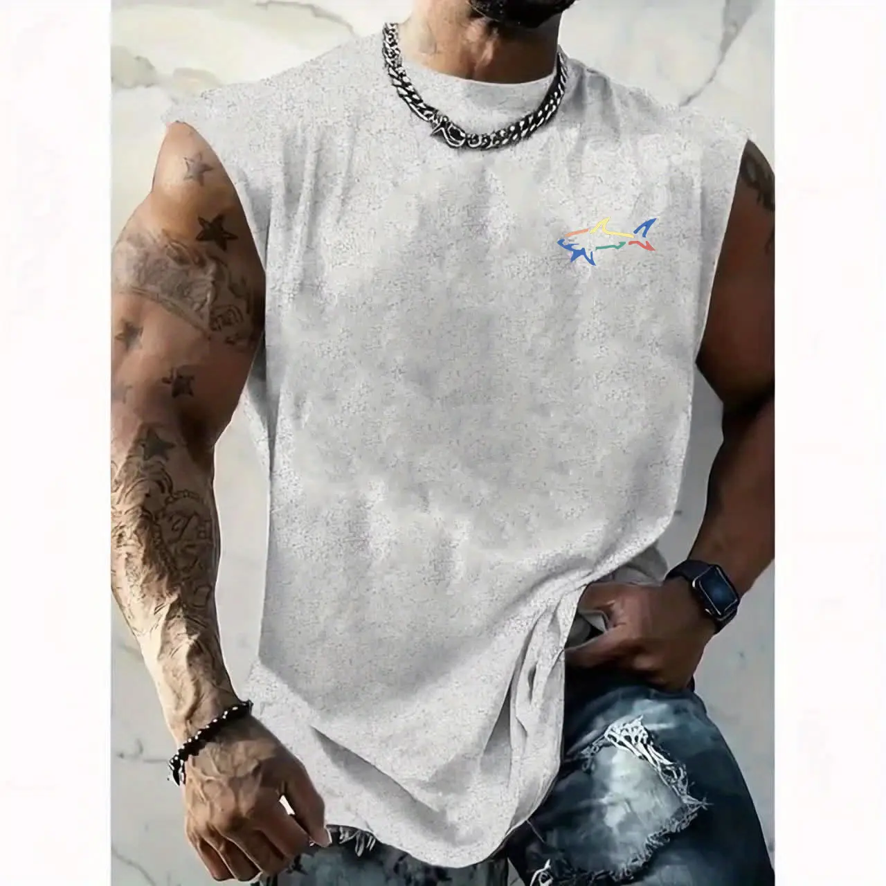 Men's Summer Leisure Sports Fitness Loose Shark Pattern Printed Comfortable and Breathable Round Neck Sleeveless Tank Top