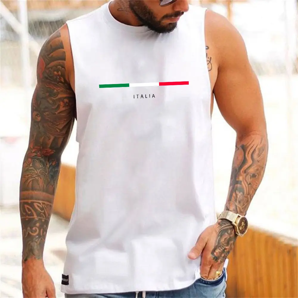 Men's Summer Leisure Sports Fitness Loose ITALIA Letter Printed Comfortable Breathable Round Neck Sleeveless Tank Top