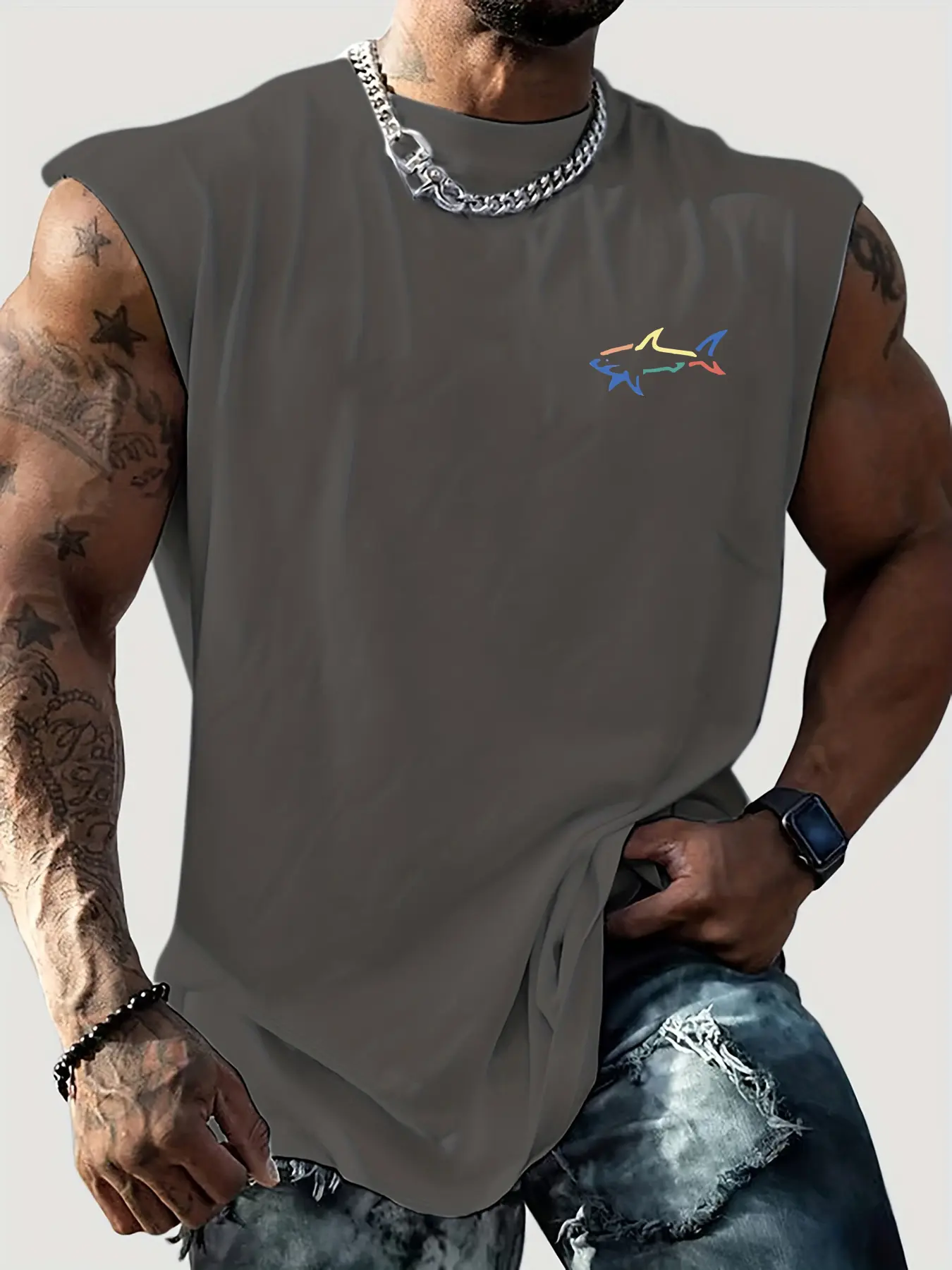Men's Summer Leisure Sports Fitness Loose Shark Pattern Printed Comfortable and Breathable Round Neck Sleeveless Tank Top