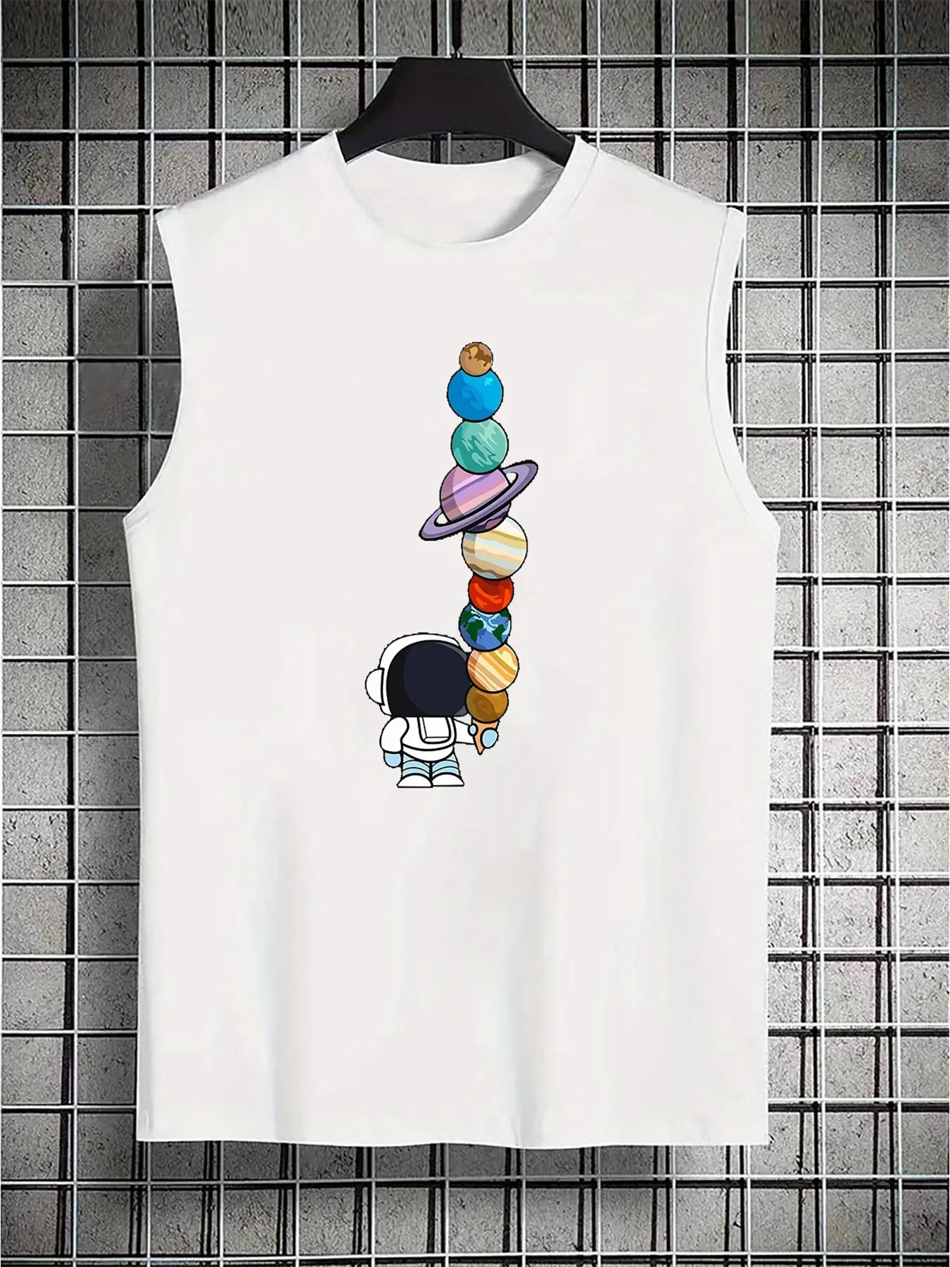 Men's Summer Leisure Sports Fitness Loose Cartoon Astronaut Pattern Printed Comfortable Breathable Round Neck Sleeveless Tank