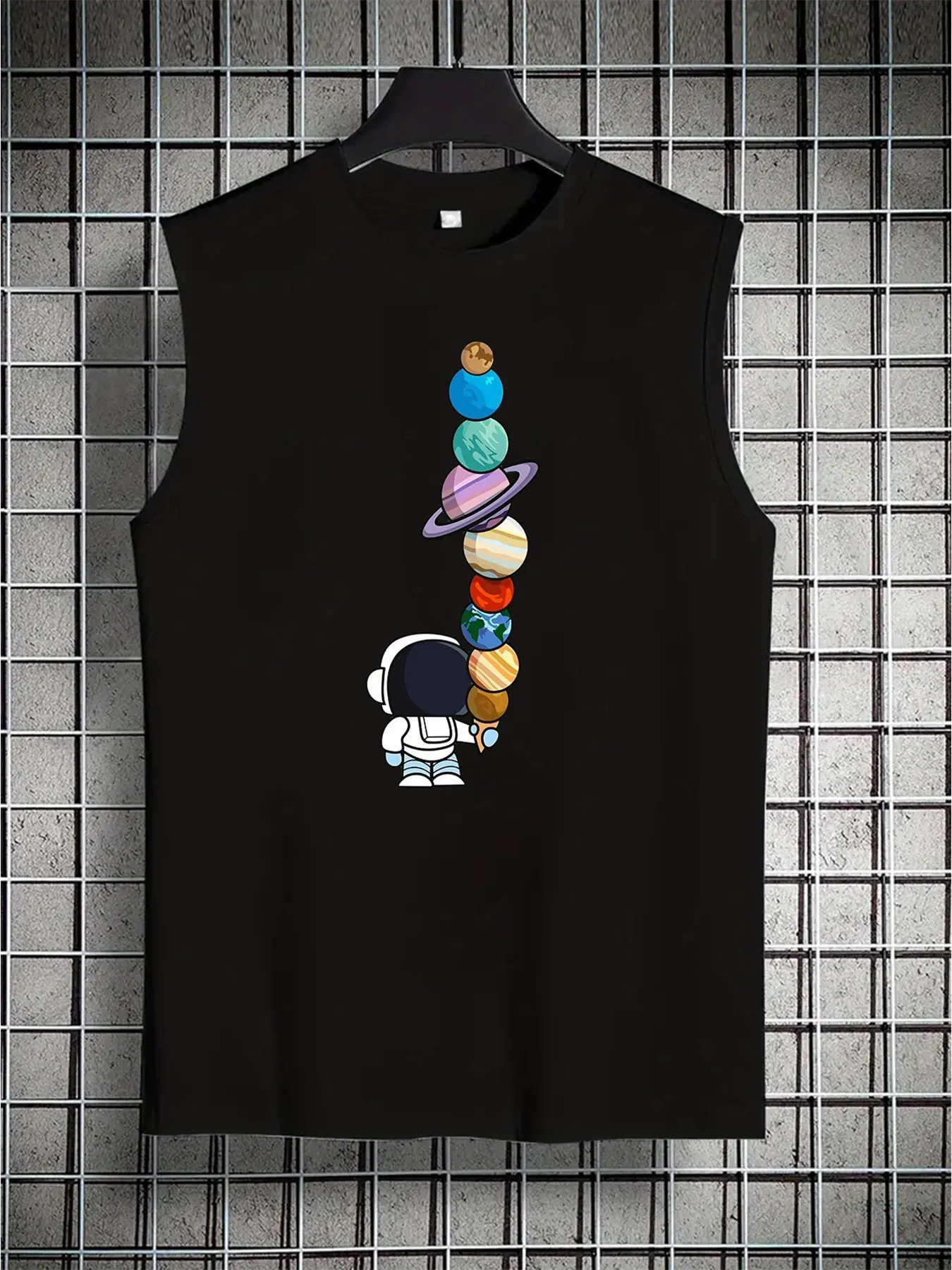 Men's Summer Leisure Sports Fitness Loose Cartoon Astronaut Pattern Printed Comfortable Breathable Round Neck Sleeveless Tank