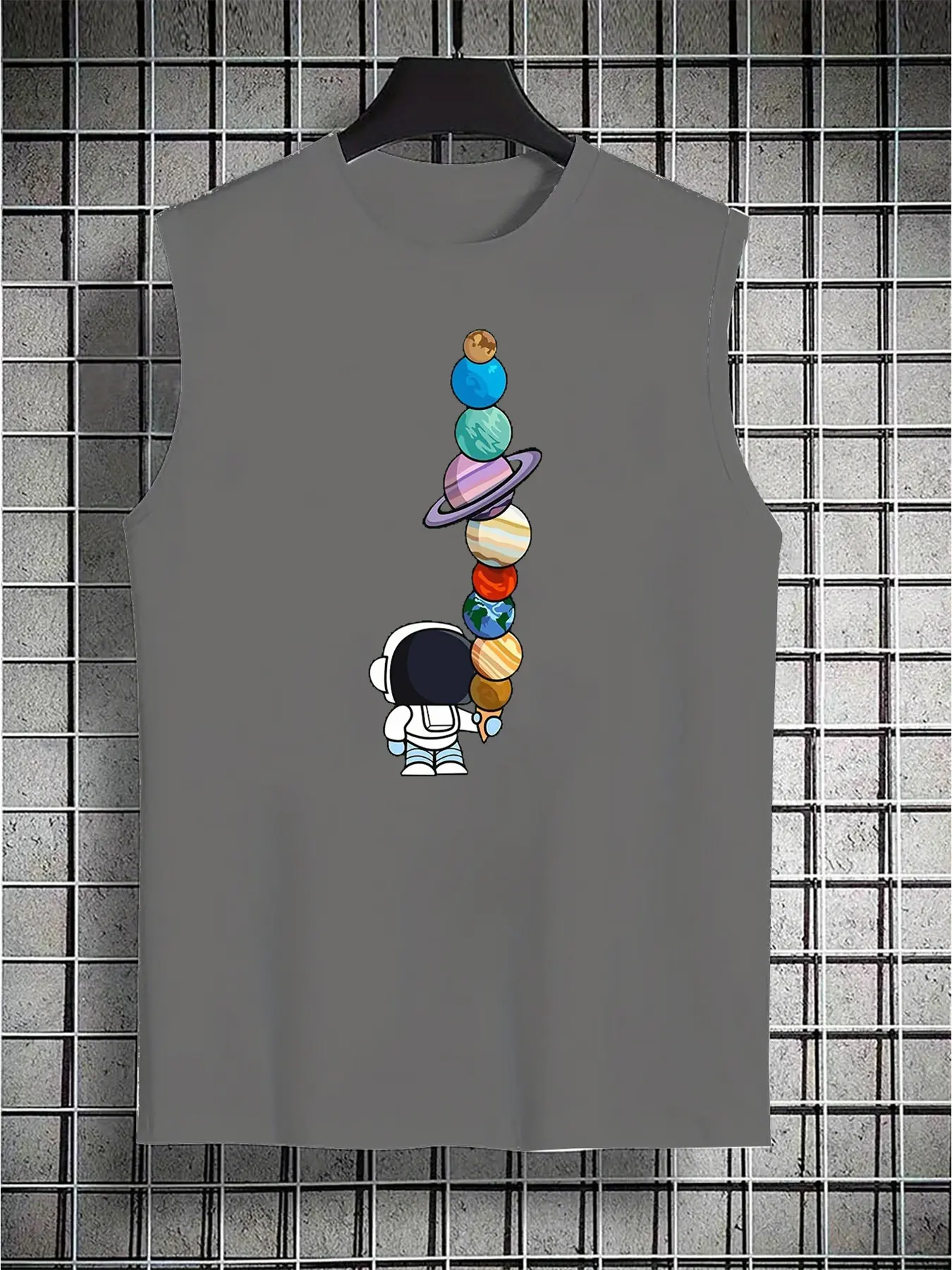 Men's Summer Leisure Sports Fitness Loose Cartoon Astronaut Pattern Printed Comfortable Breathable Round Neck Sleeveless Tank