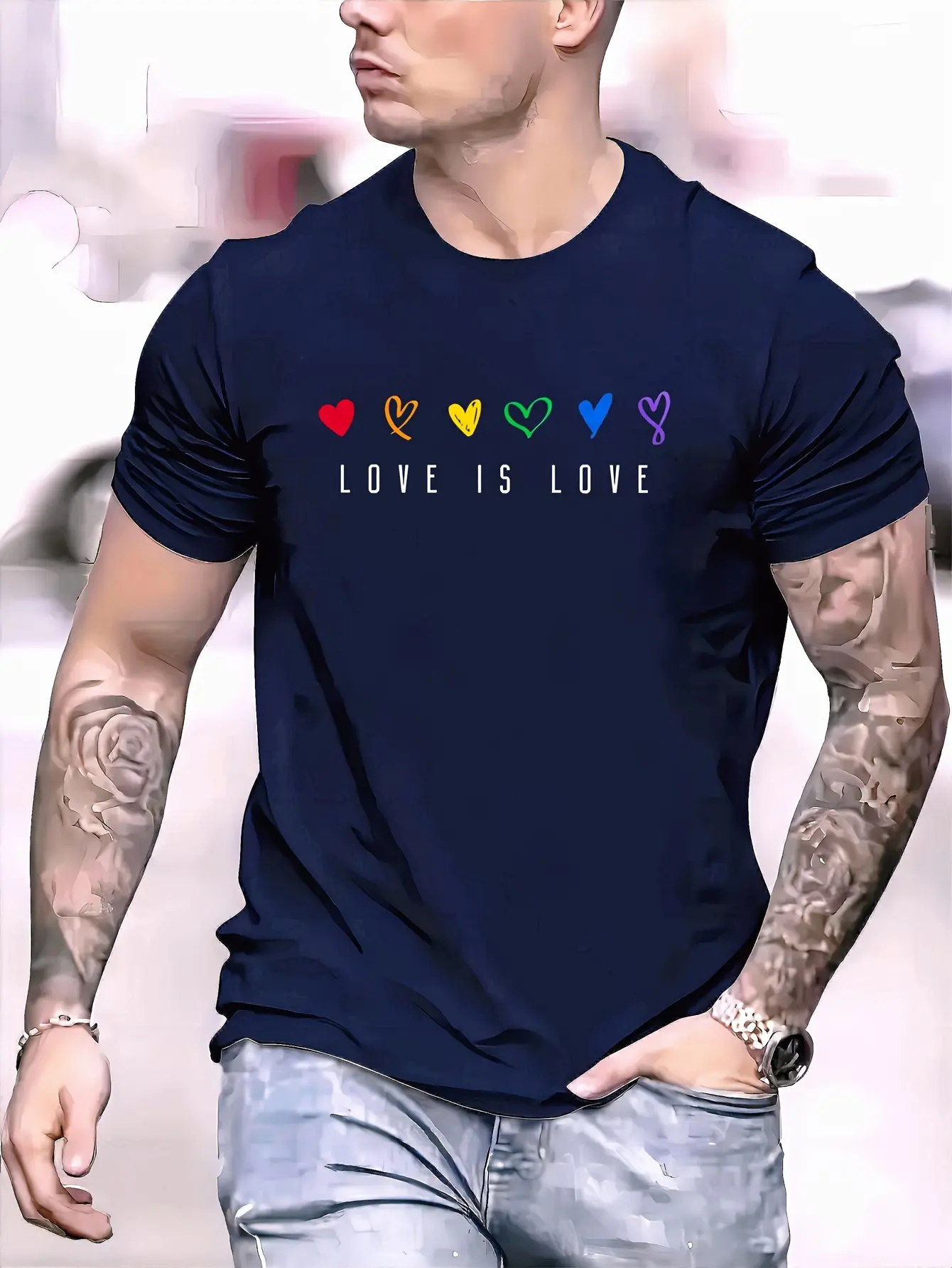 Men's summer heavyweight 100% pure cotton fashionable casual loose LOVE IS LOVE printed round neck short sleeved T-shirt