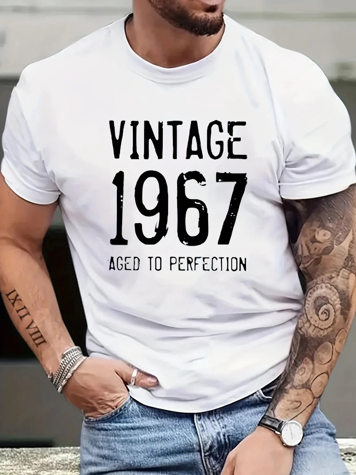 Men's summer 100% pure cotton fashionable casual loose vintage 1967 aged to perfection print round neck short sleeved T-shirt