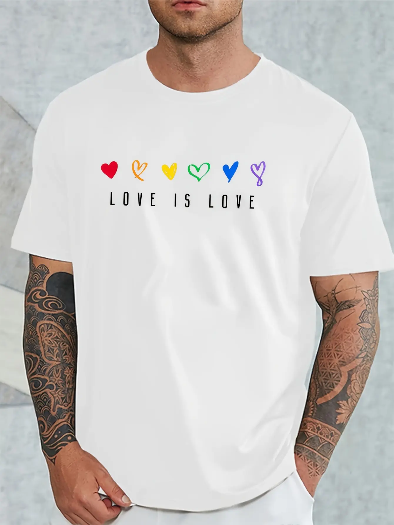 Men's summer heavyweight 100% pure cotton fashionable casual loose LOVE IS LOVE printed round neck short sleeved T-shirt