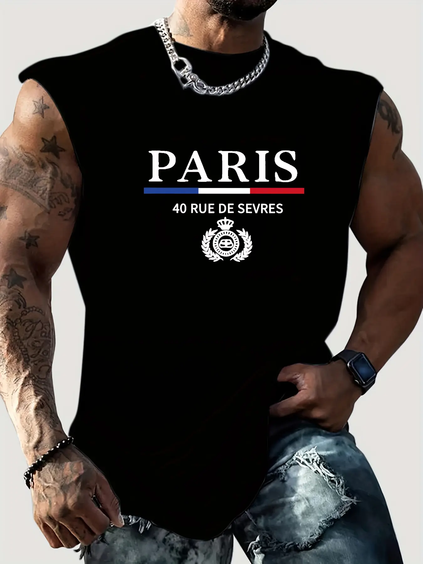 Men's Summer Leisure Sports Fitness Loose Paris Pattern Printed Comfortable Breathable Round Neck Sleeveless Tank Top