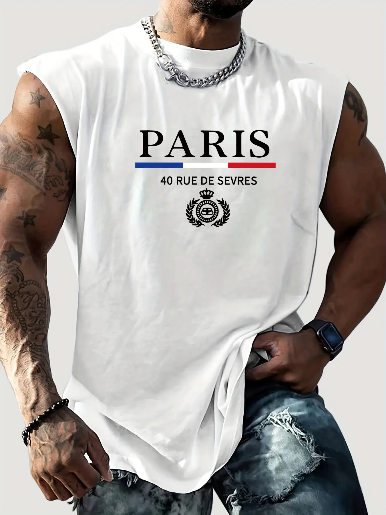 Men's Summer Leisure Sports Fitness Loose Paris Pattern Printed Comfortable Breathable Round Neck Sleeveless Tank Top