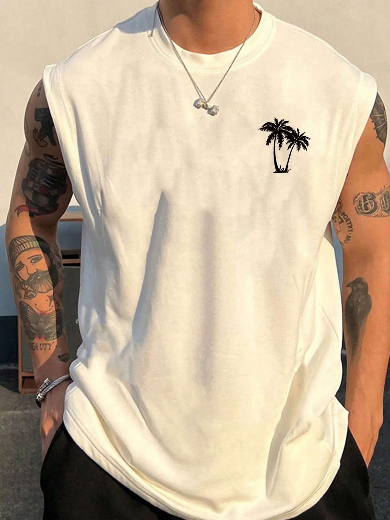 Men's Summer Leisure Sports Fitness Loose Coconut Tree Pattern Printed Comfortable Breathable Round Neck Sleeveless Tank Top