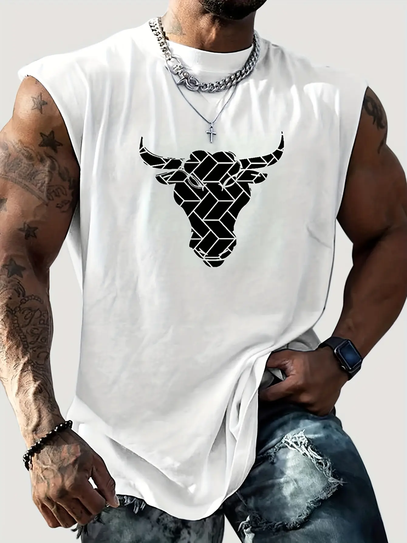Men's summer fashionable casual sports loose bull graphic print comfortable breathable round neck sleeveless vest