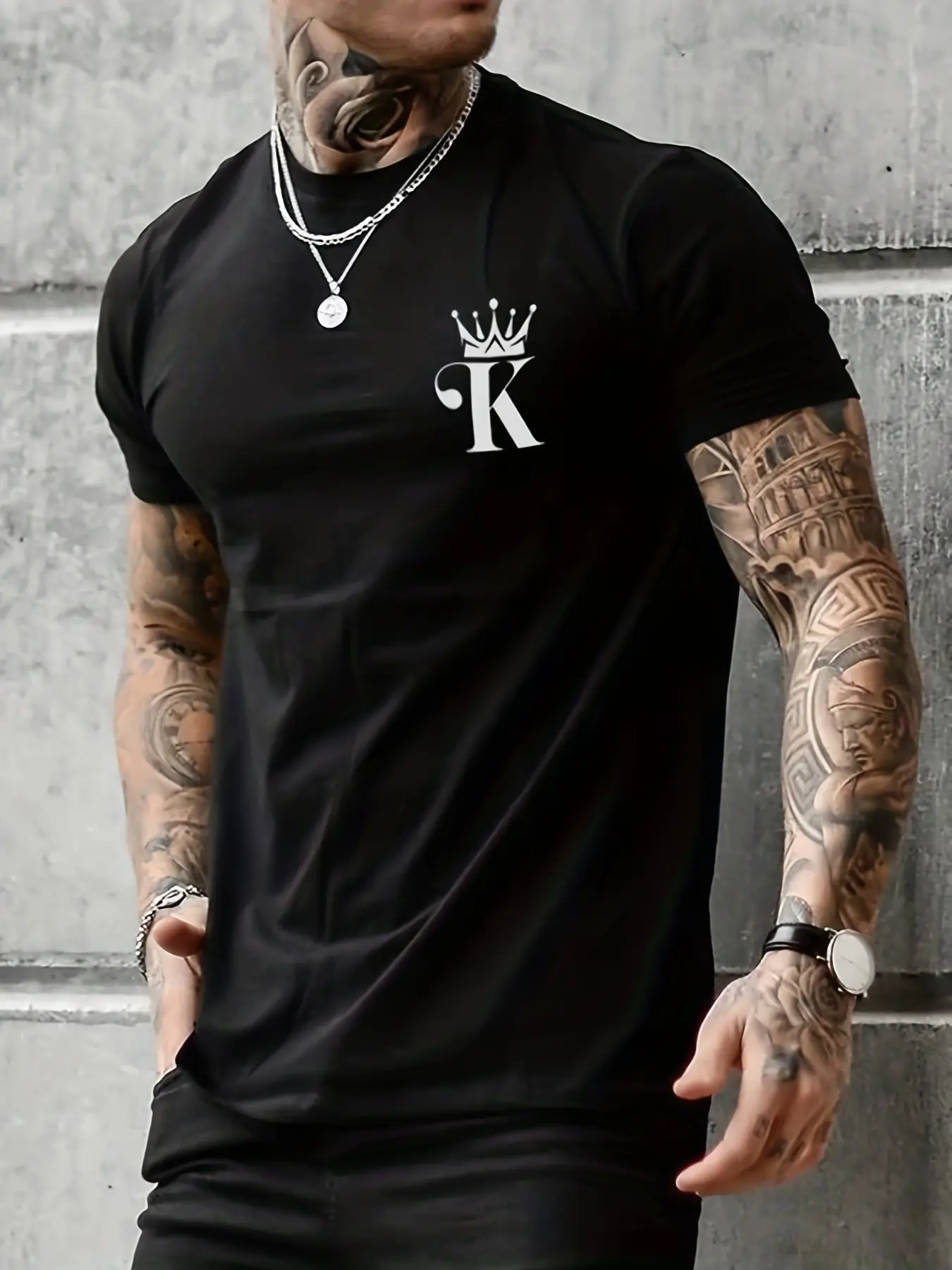 Summer Round Neck Solid Color men's 100% cotton casual loose fit large letter K print round neck short sleeved T-shirt top