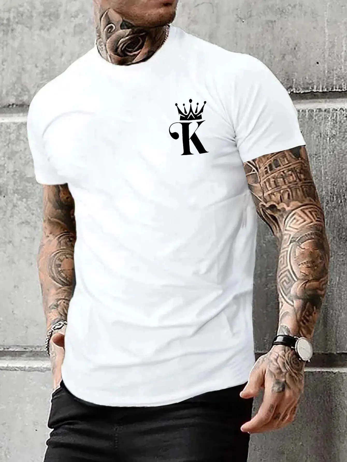 Summer Round Neck Solid Color men's 100% cotton casual loose fit large letter K print round neck short sleeved T-shirt top