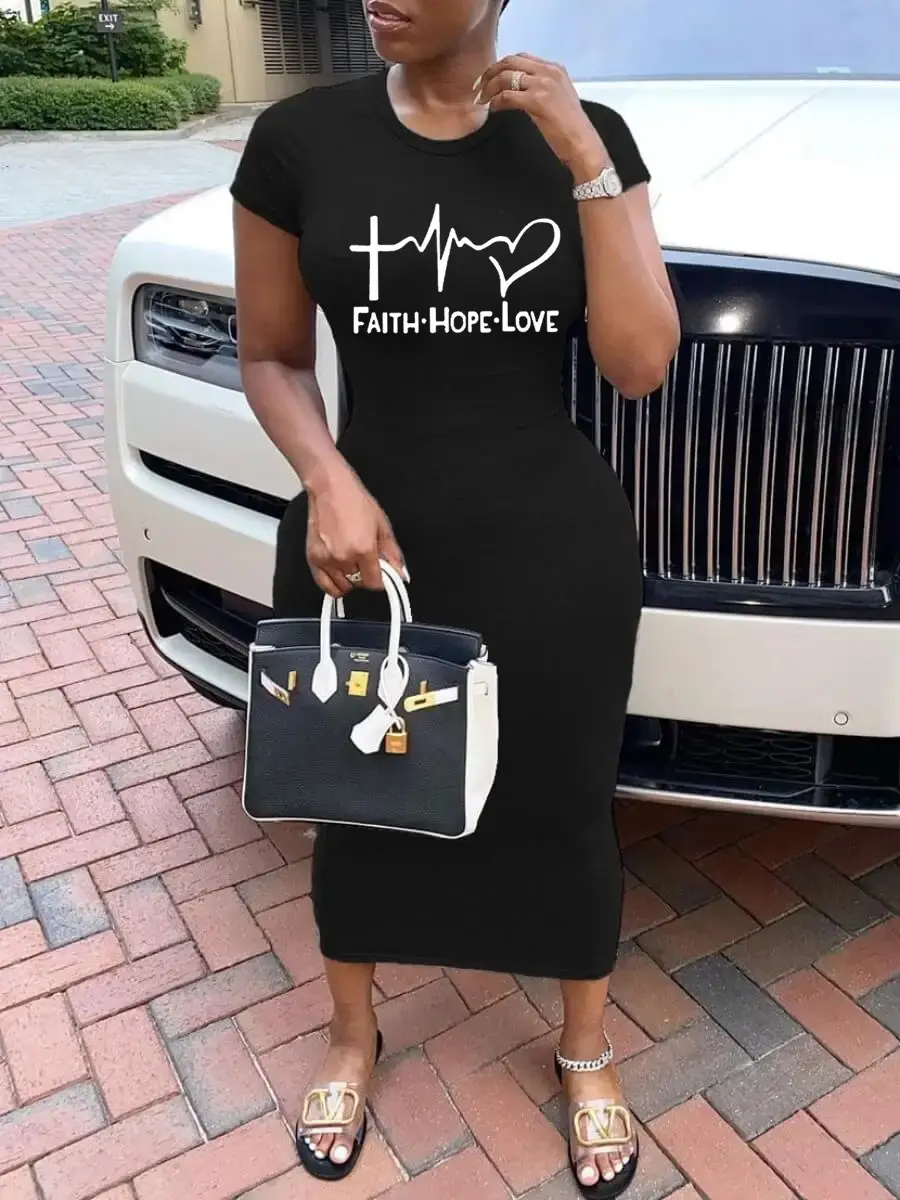 Summer women's casual fashion FAITH HOPE LOVE print sexy slim fit round neck short sleeved dress streetwear