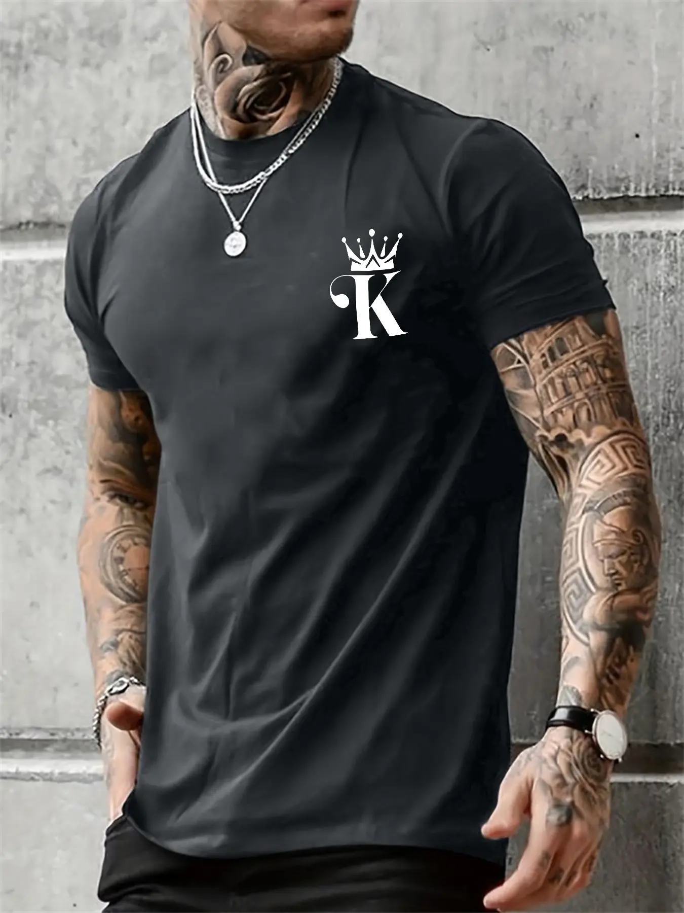 Summer Round Neck Solid Color men's 100% cotton casual loose fit large letter K print round neck short sleeved T-shirt top