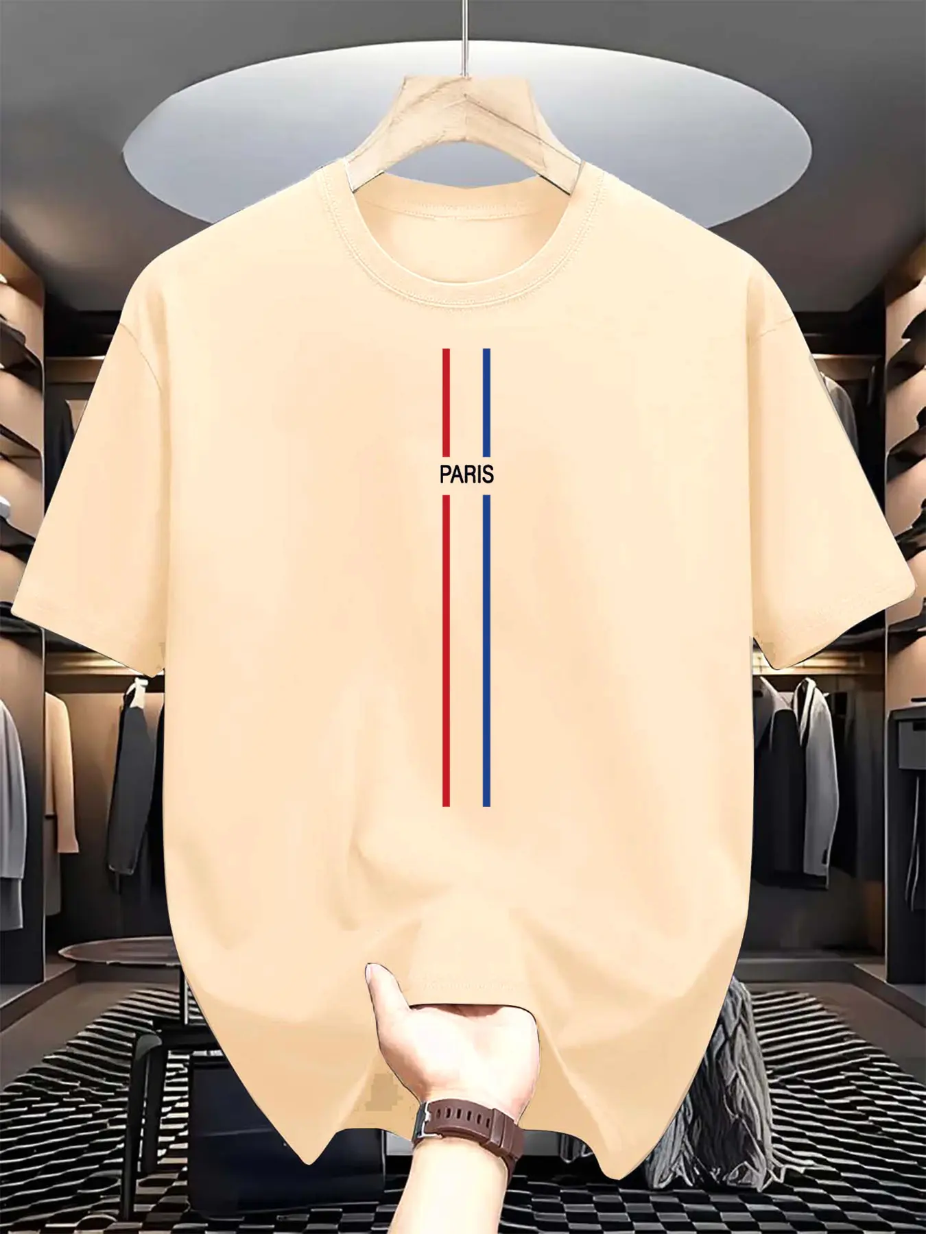 Men's summer 100% cotton fashionable casual loose classic Paris letter printed sports round neck short sleeved T-shirt top