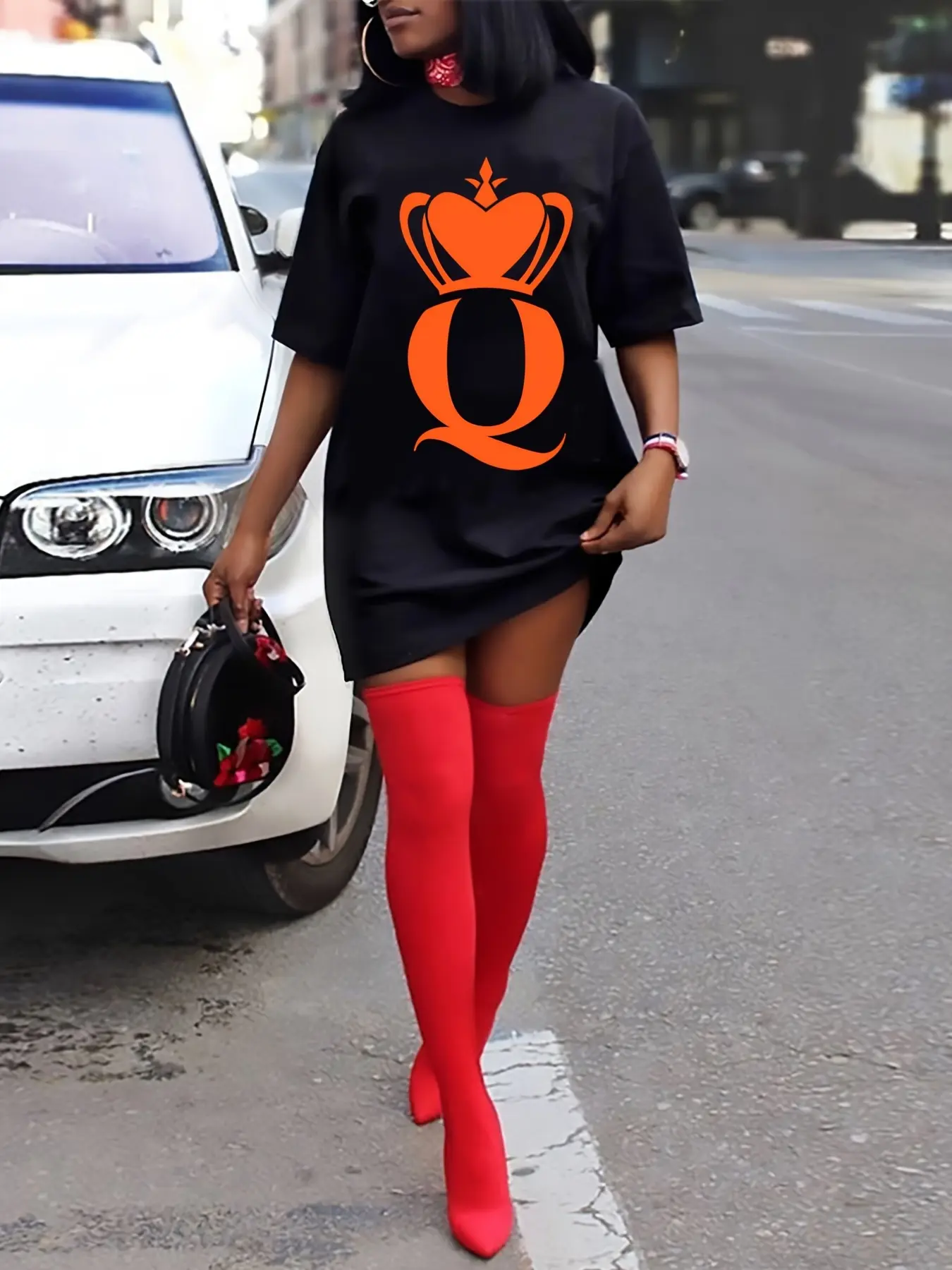 Women's summer casual Q Heart crown print letter print loose size round neck short sleeved T-shirt dress