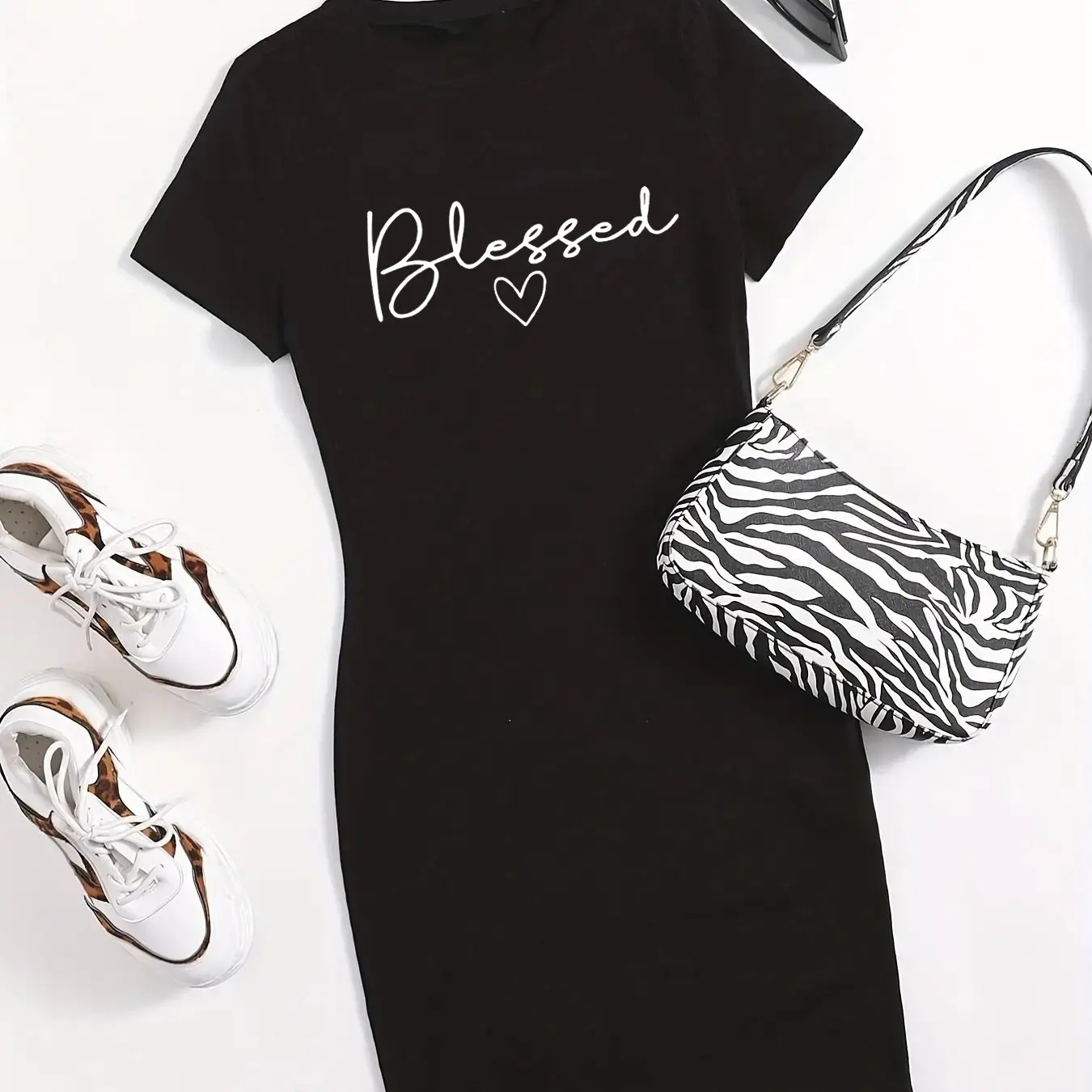 Ladies' Summer Fashion and Leisure Blessing Printed Short Sleeve Round Neck Slimming Casual T-shirt Dress