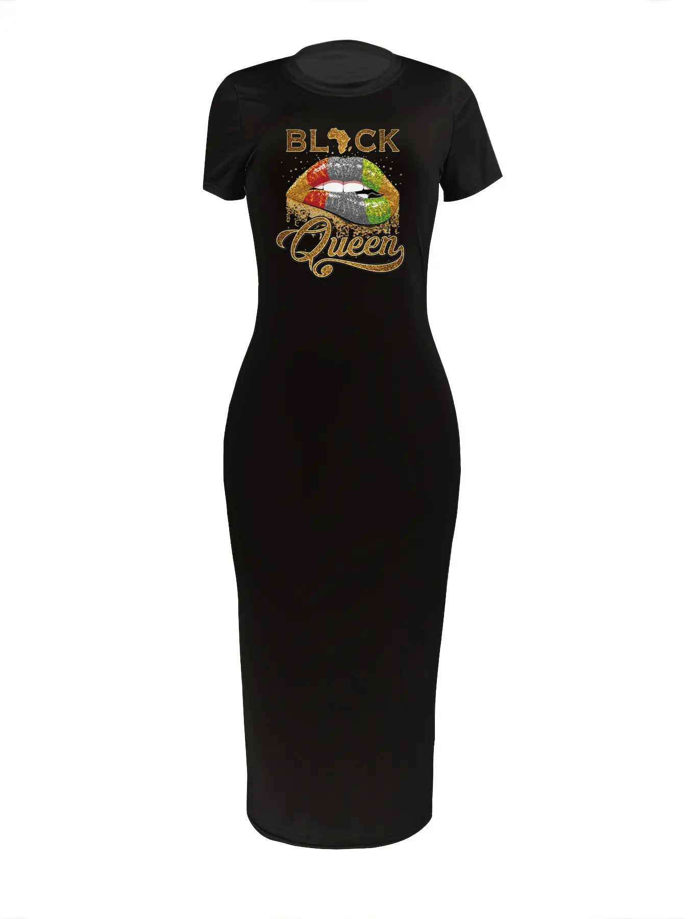 Ladies' summer casual fashion black queen pattern print slim fit round neck short sleeved party sexy dress