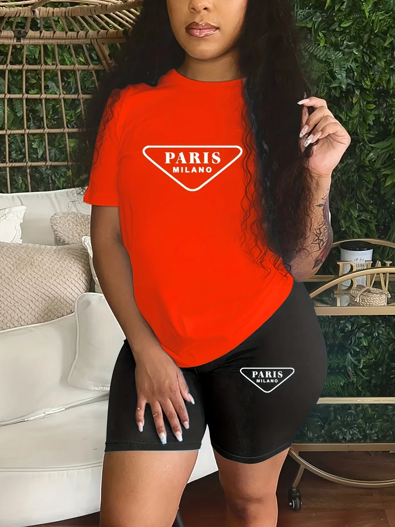 Women's summer casual comfortable loose plus size Paris MILANO printed short sleeved T-shirt+cropped pants two-piece set