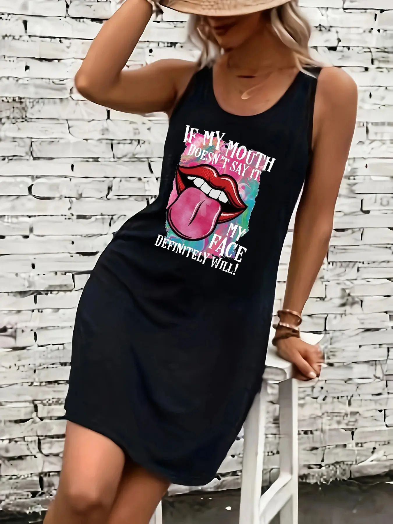 Women's summer loose and comfortable casual butterfly lip print letter print black sleeveless vest skirt punk style dress