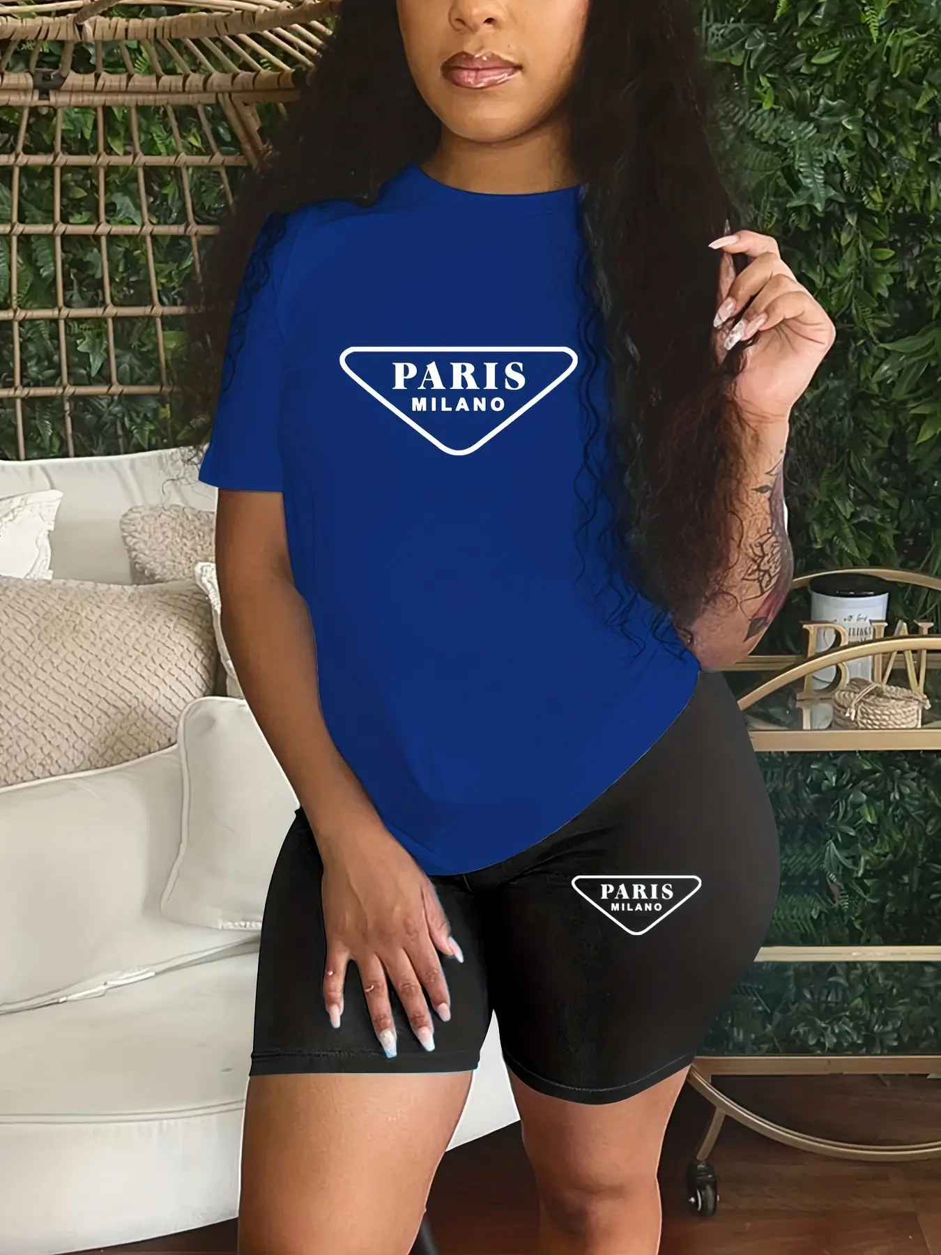 Women's summer casual comfortable loose plus size Paris MILANO printed short sleeved T-shirt+cropped pants two-piece set