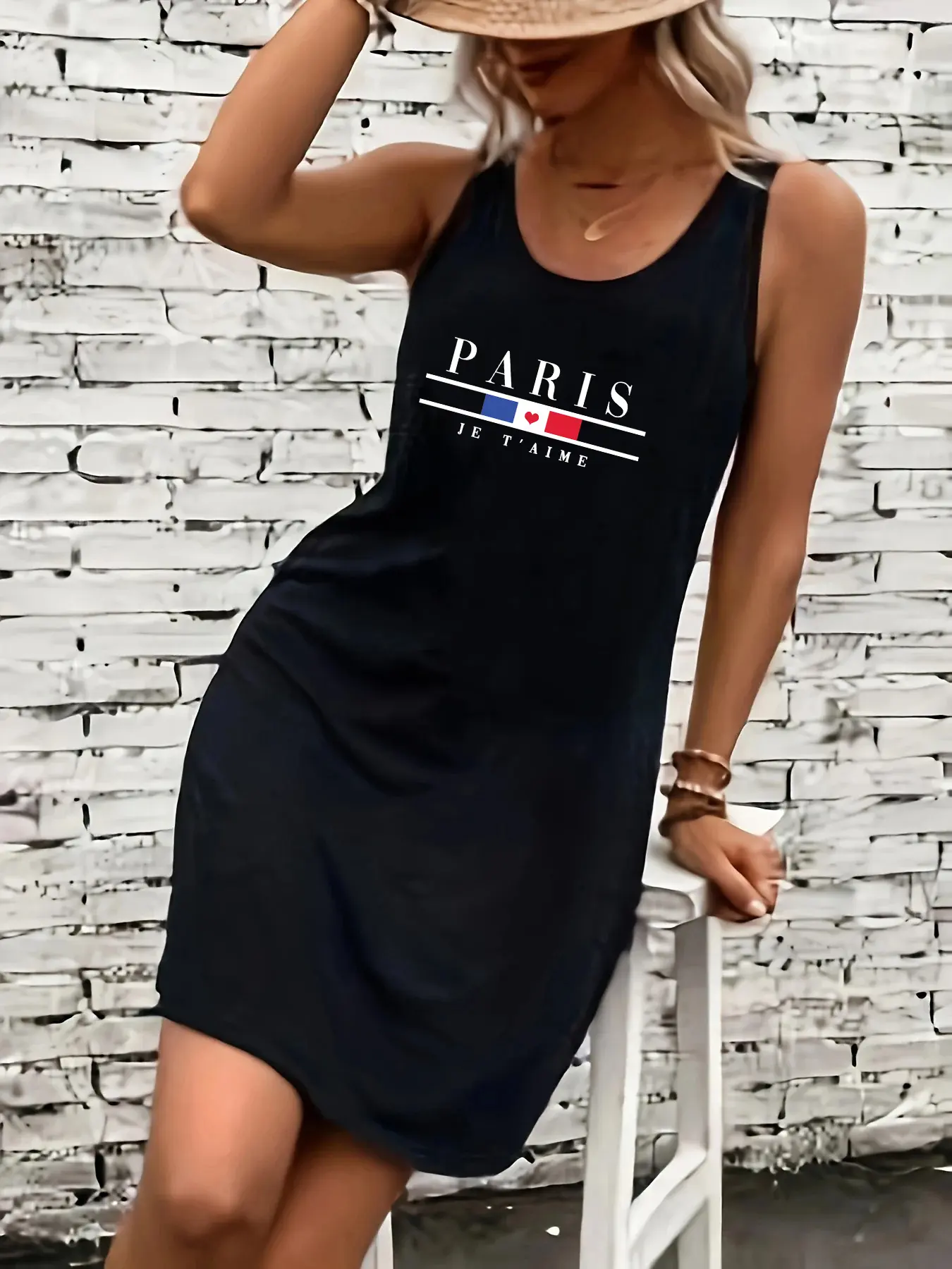 Women's summer loose and comfortable casual Paris letter pattern printed black sleeveless vest skirt punk style dress