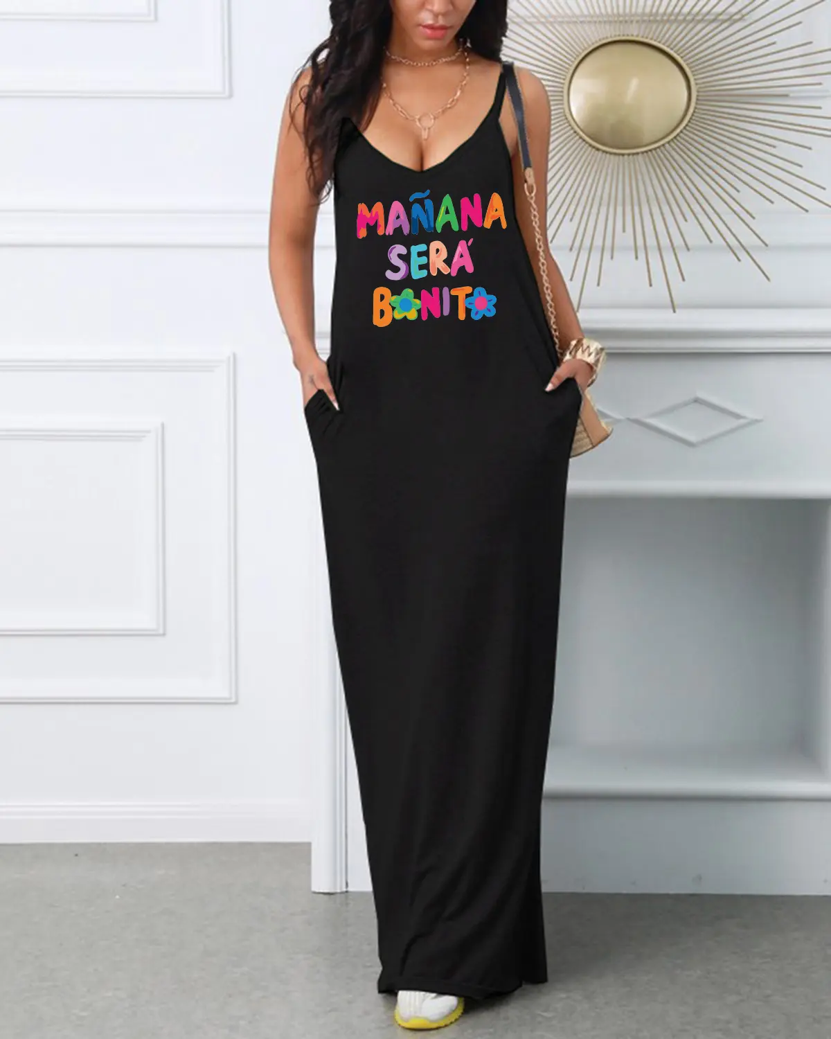 Women's summer MANANA letter print large loose casual V-neck pocket strap sexy long dress Casual Letter Pattern Tops Summer Loos