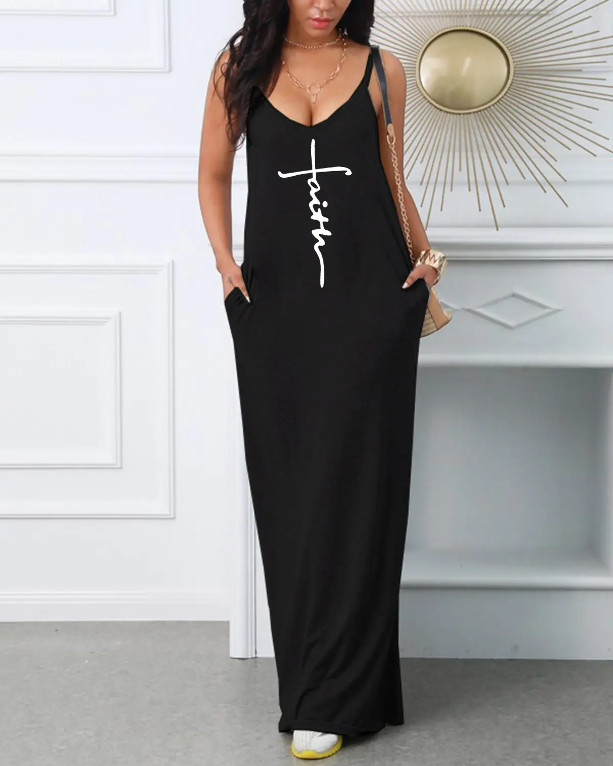 Summer Women's Faith Print Loose Large V-neck Sexy Strap Dress Comfortable Breathable Casual Fashion T-Shirt Outdoor Street