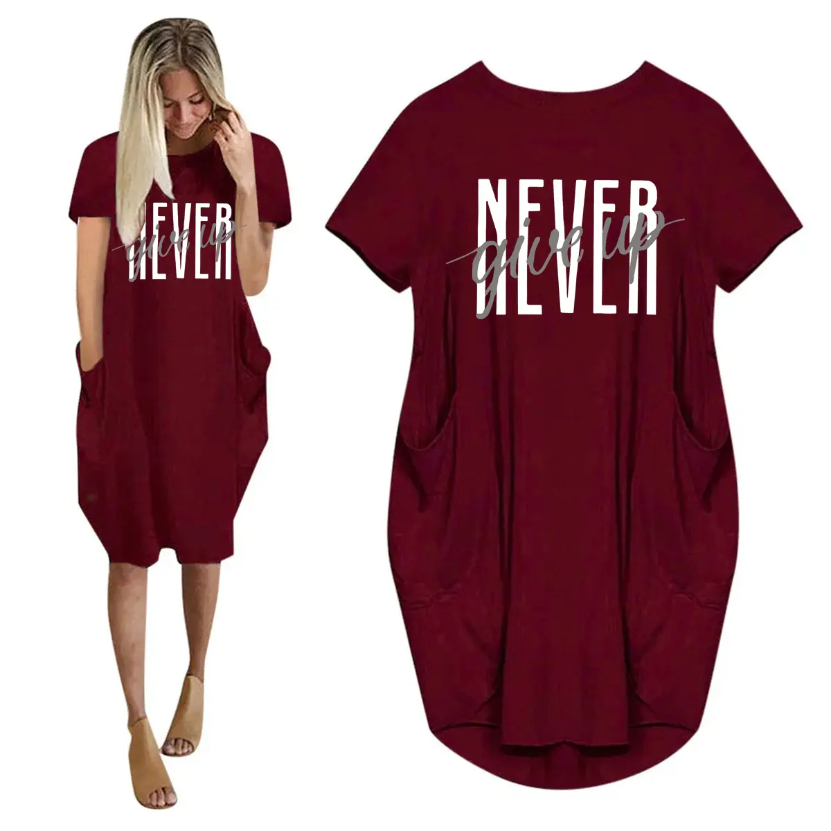 Women's spring and summer casual loose oversized NVER gift up printed round neck short sleeved pocket dress streetwear
