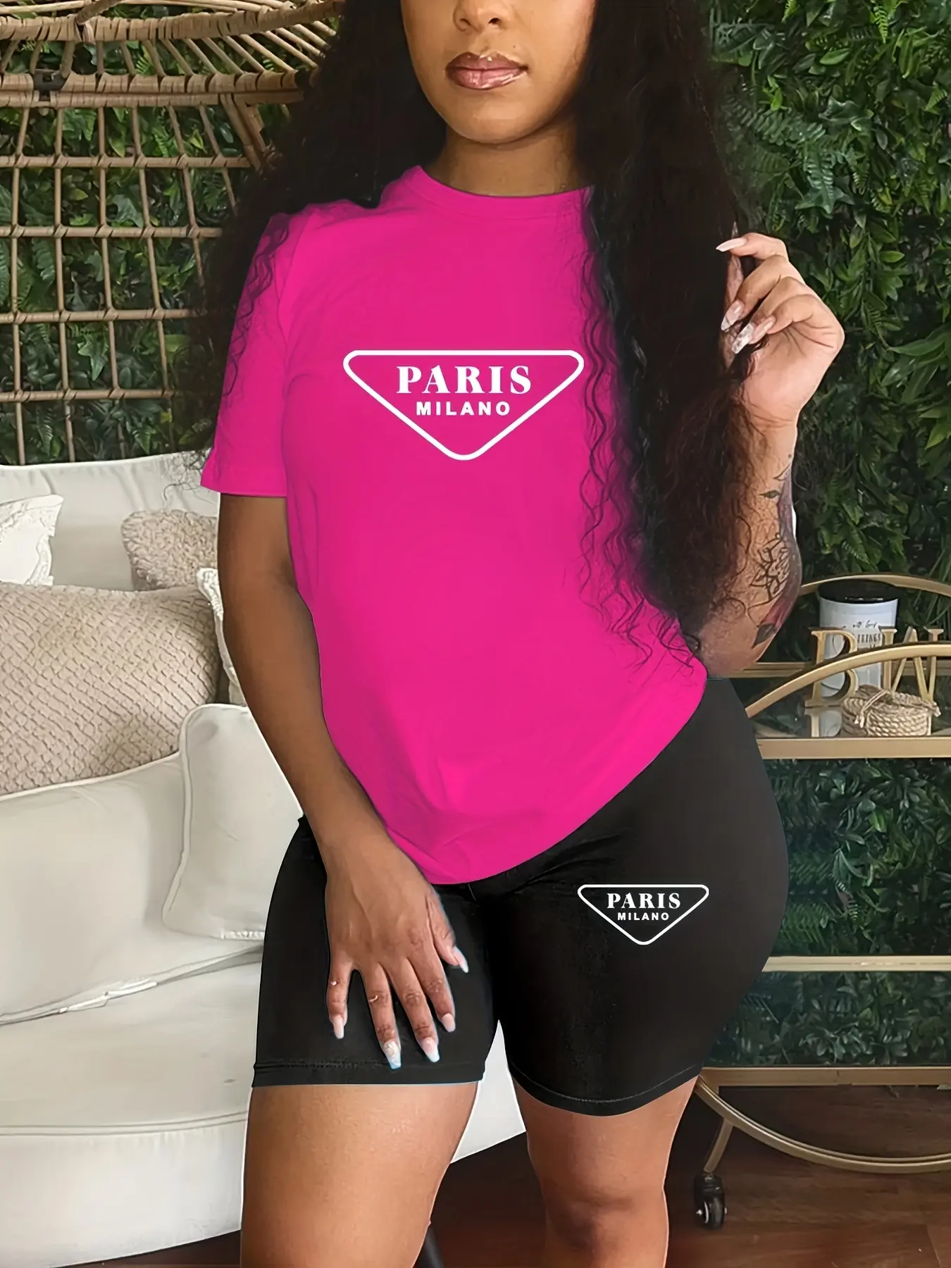Women's summer casual comfortable loose plus size Paris MILANO printed short sleeved T-shirt+cropped pants two-piece set