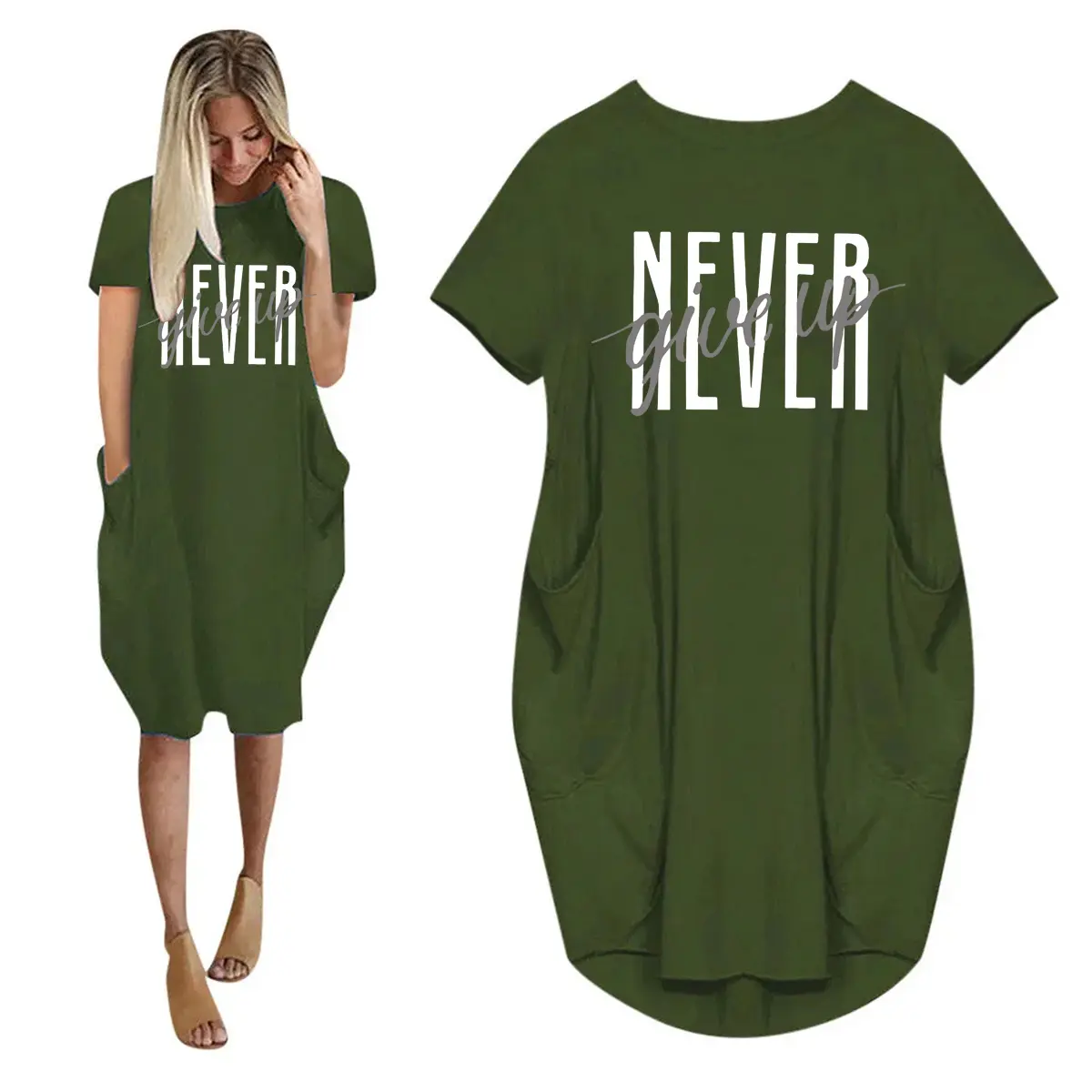 Women's spring and summer casual loose oversized NVER gift up printed round neck short sleeved pocket dress streetwear