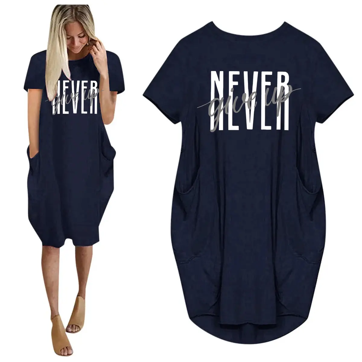 Women's spring and summer casual loose oversized NVER gift up printed round neck short sleeved pocket dress streetwear