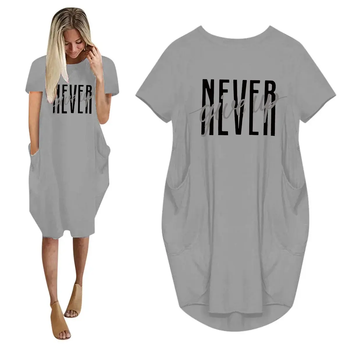 Women's spring and summer casual loose oversized NVER gift up printed round neck short sleeved pocket dress streetwear