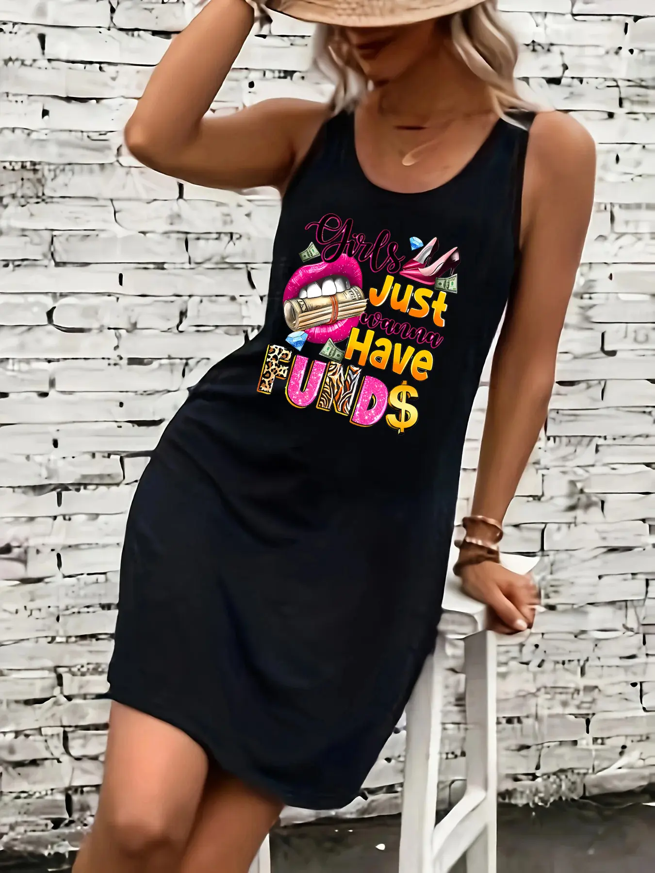 Women's summer loose and comfortable casual lip print letter pattern print black sleeveless vest skirt punk style dress