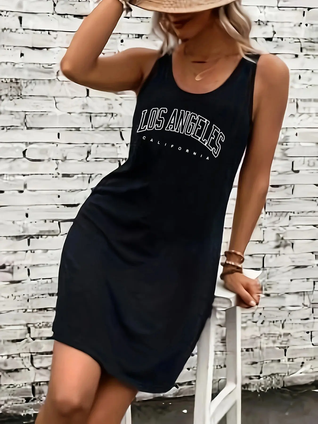 Women's summer loose and comfortable casual Los Angeles letter pattern printed black sleeveless vest dress punk style dress