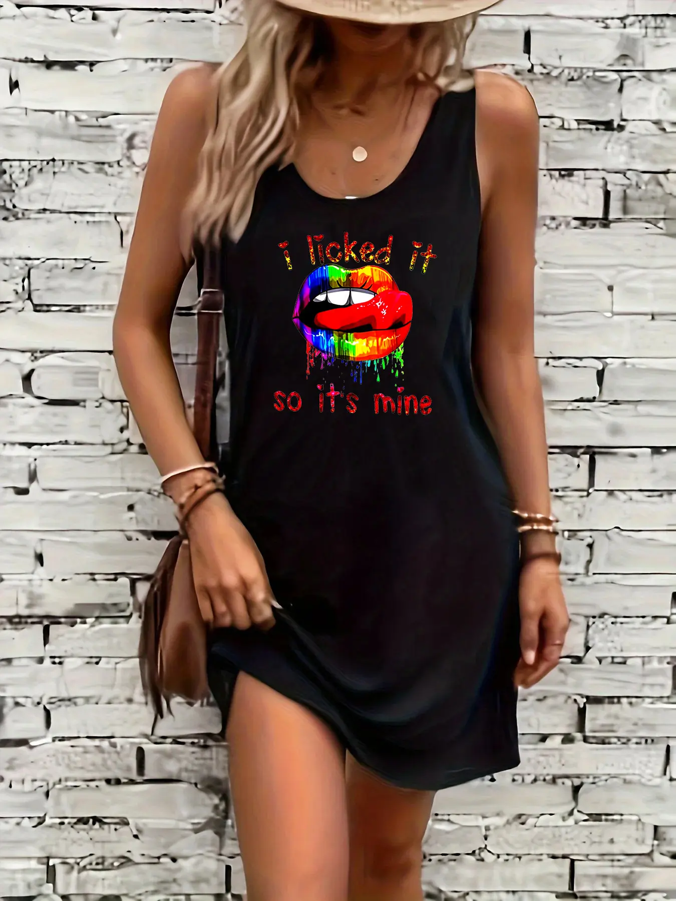 Women's summer loose and comfortable casual lip print letter pattern print black sleeveless vest skirt punk style dress