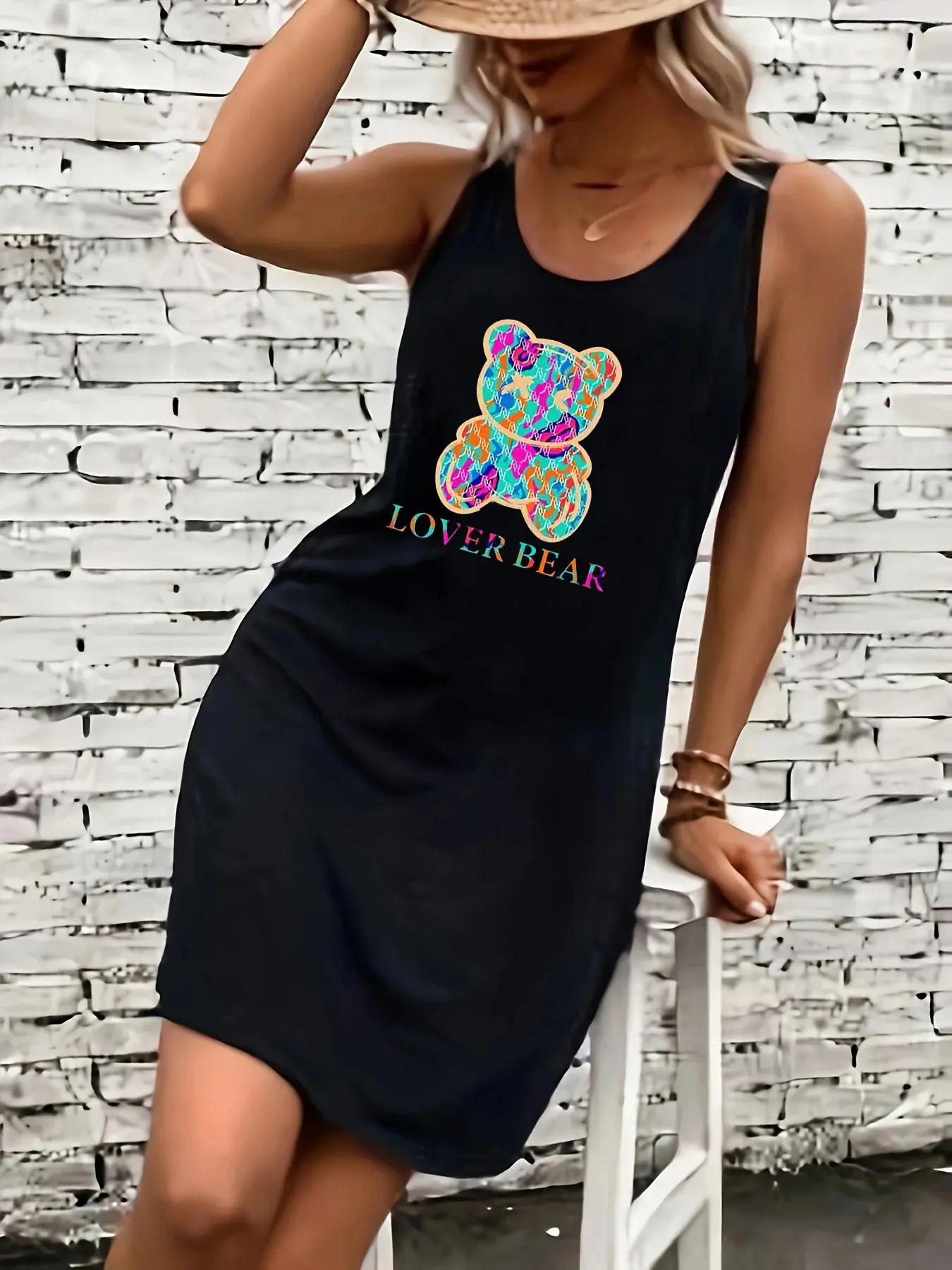 Women's summer loose and comfortable casual cartoon bear pattern printed black sleeveless vest skirt punk style dress