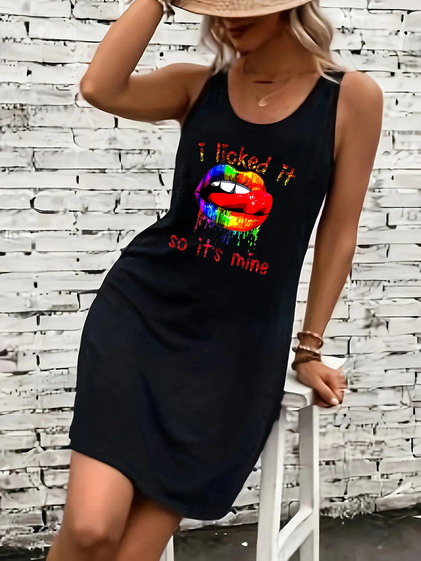 Women's summer loose and comfortable casual lip print letter pattern print black sleeveless vest skirt punk style dress