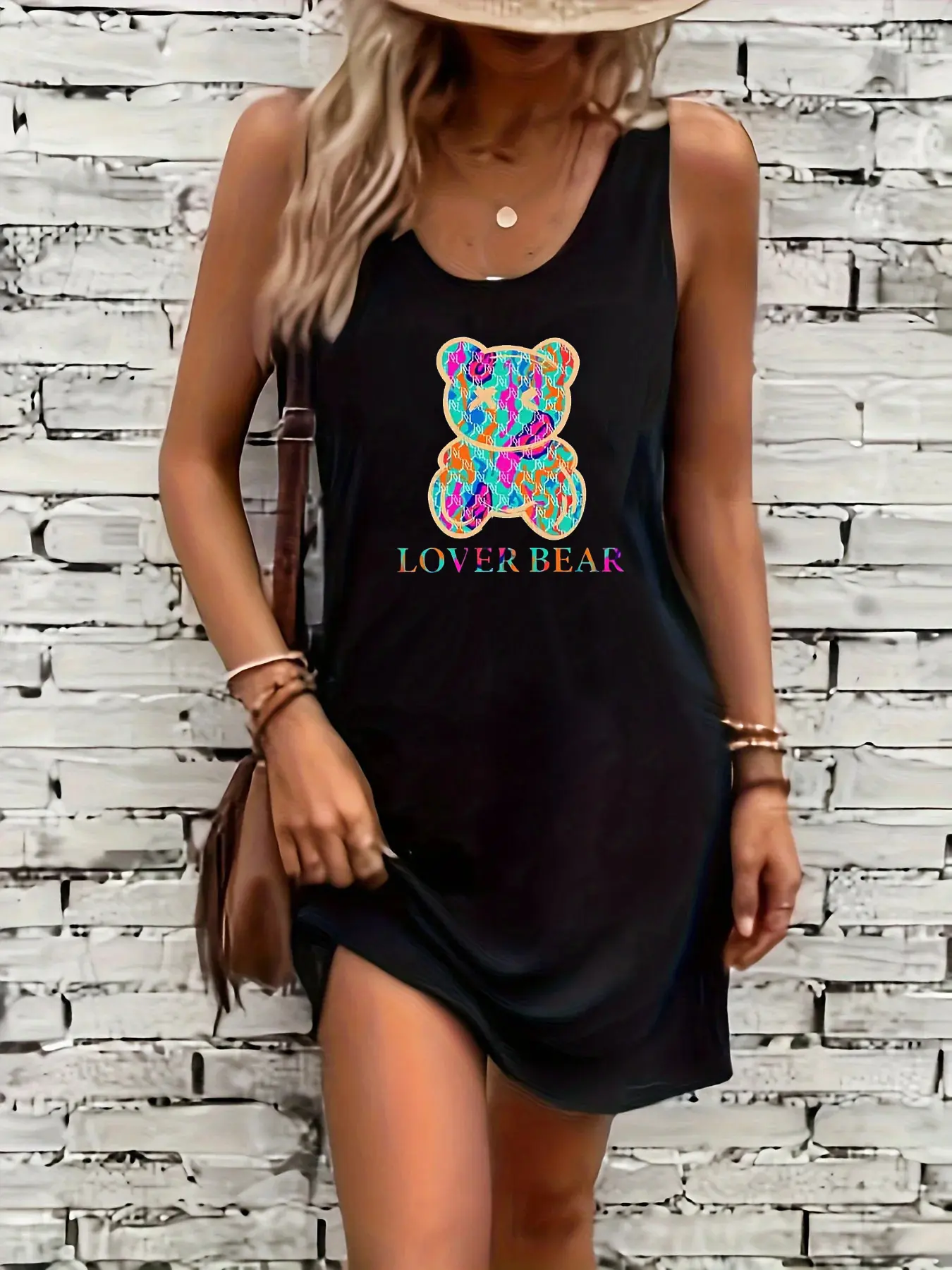 Women's summer loose and comfortable casual cartoon bear pattern printed black sleeveless vest skirt punk style dress