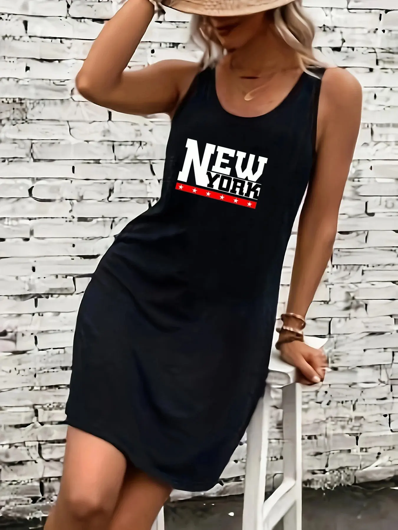 Women's summer loose and comfortable casual Los Angeles letter pattern printed black sleeveless vest dress punk style dress