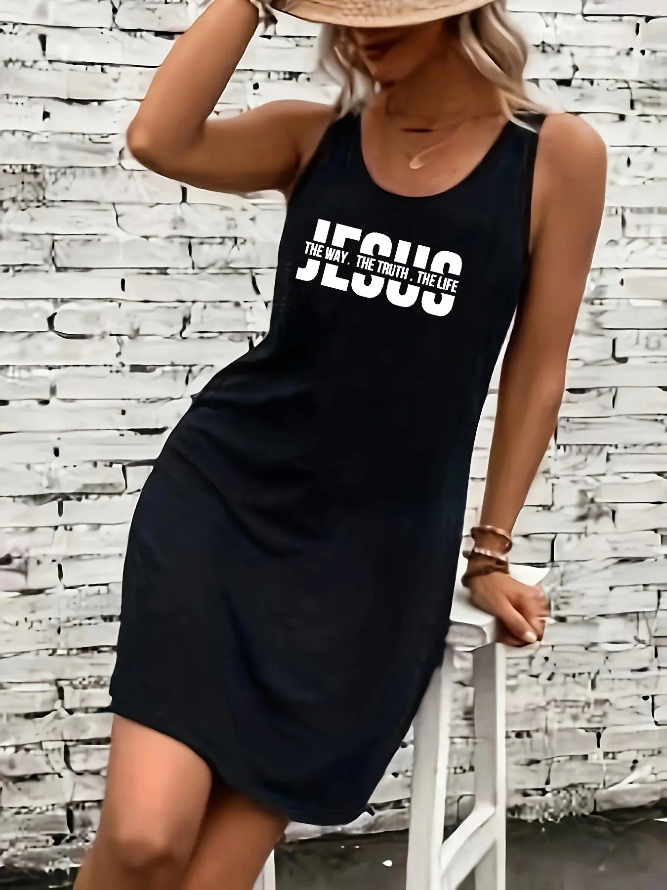 Women's summer loose and comfortable casual JESUS letter printed black sleeveless vest dress punk style dress